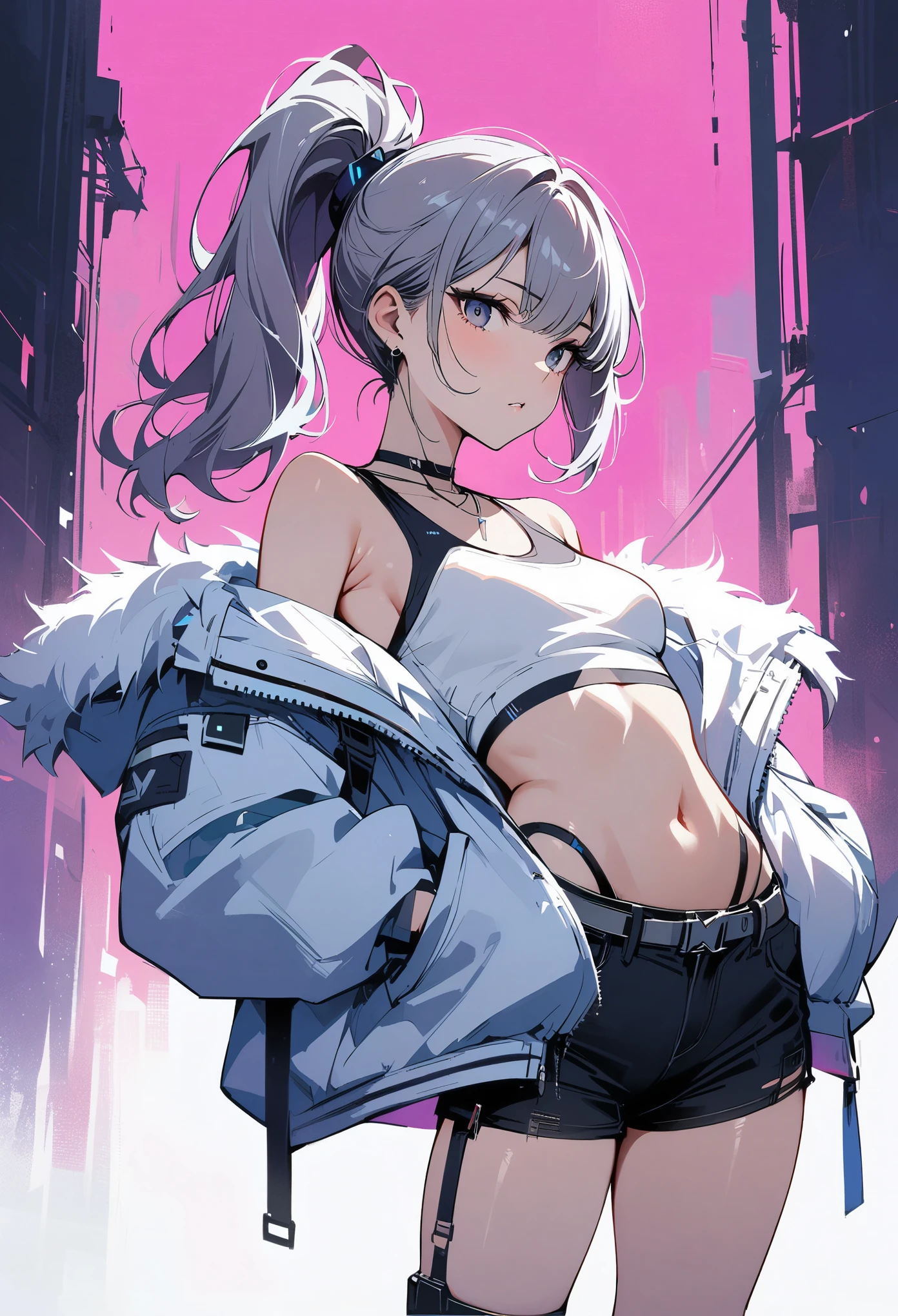 young girl, gray short hair, gray eyes, high ponytail, cyberpunk, white top, open belly, shorts, fur coat, masterpiece, high quality, silver wolf