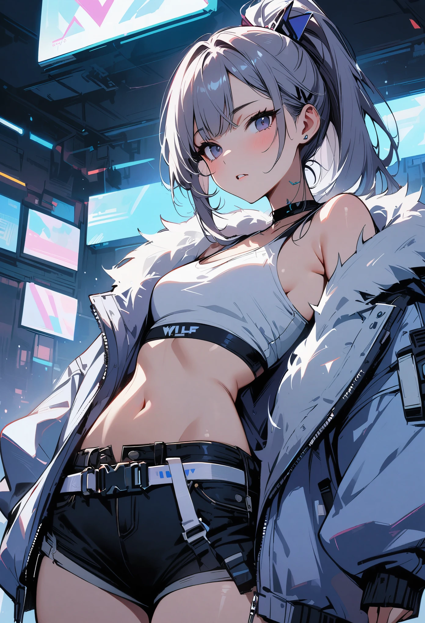 young girl, gray short hair, gray eyes, high ponytail, cyberpunk, white top, open belly, shorts, fur coat, masterpiece, high quality, silver wolf