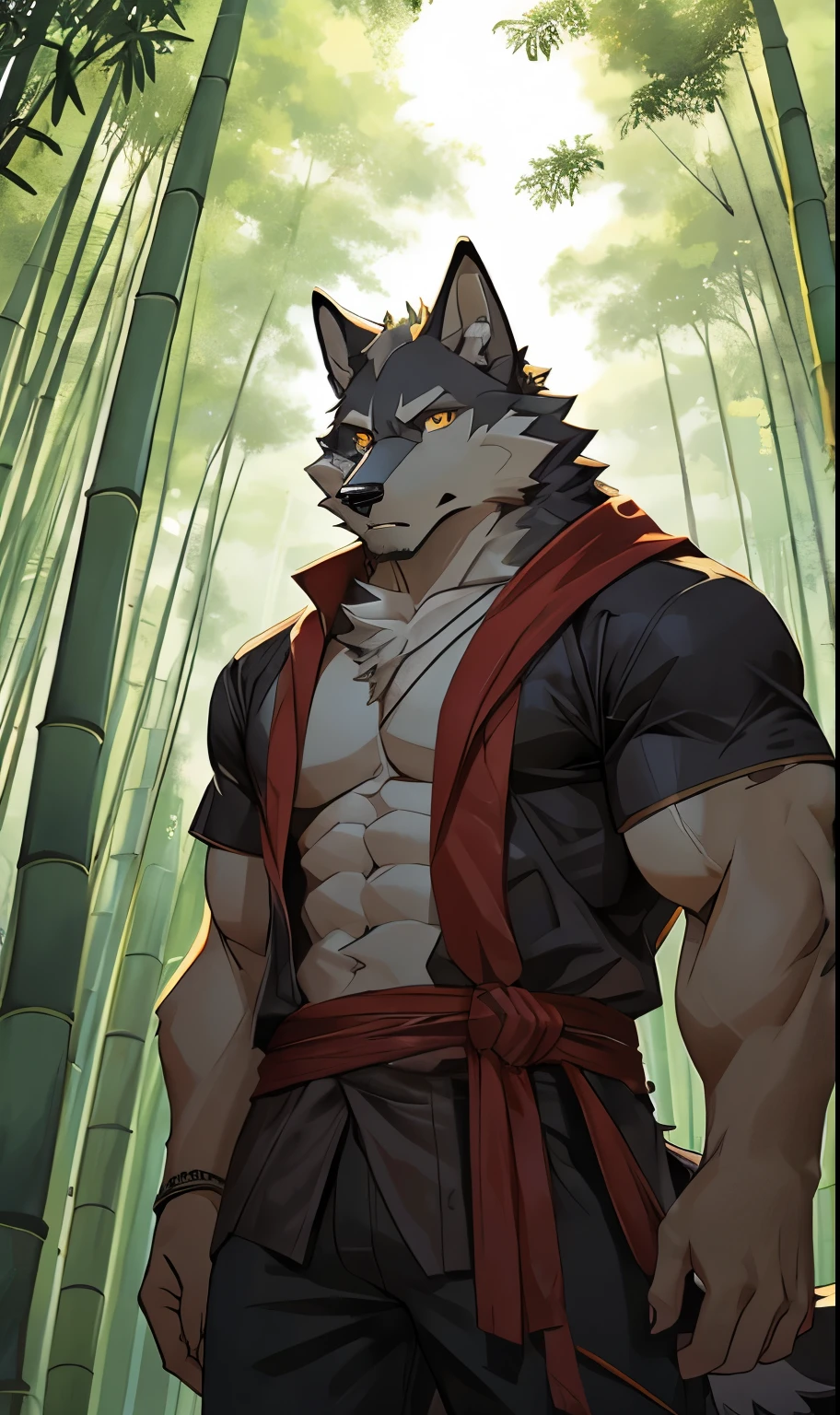  Wolf，muscular，middle aged，look at us，Serious，In the bamboo forest，right eyes，golden eyes，Face towards us，Wearing tattered clothes，Bare chest