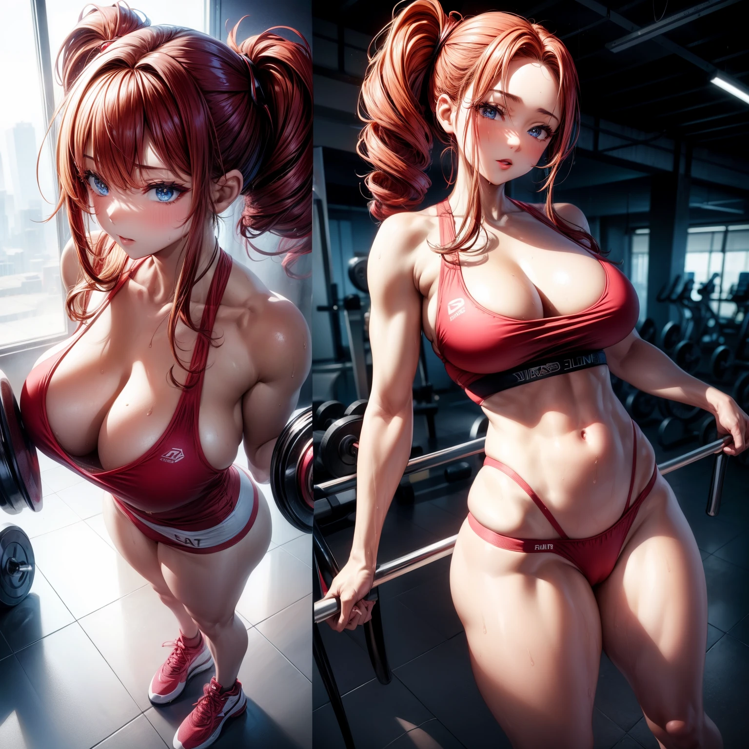 (8K,Ultra-detailed,Hyper photorealism,best masterpiece,nature,perfect work of art,perfect female body),two cute girls,Standing in the gym wearing a red see-through silk shirt,Female fitness trainer,Stylish hairstyle,Body shiny,greasy girl,Elegant and sexy weightlifter,sexy exposed forehead girl,Sexy vacuum fitness beauty,urine leakage,wet,Built-in thong,big cleavage,Stretch the meat,Improve sex appeal,It's a violent house,Full body shots
