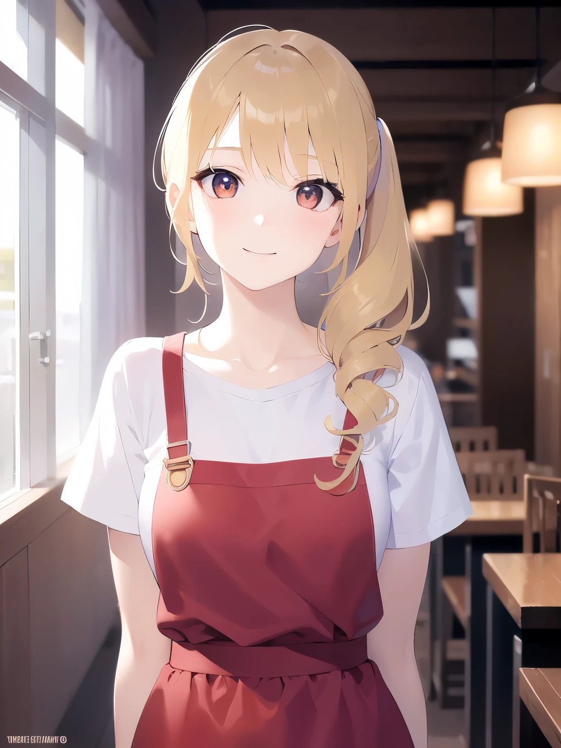 Tilting head, night, dark, Upper Body, Realistic, real person, (pale skin: 1.2), RAW photo, photorealistic, portrait photography, shiny skin, japanese idol、shiny hair、(25 year old woman with medium hair with blonde bangs) and and (pony tail) and (wavy hair) and (orange eyes) ,　 smile, (plain white t-shirt) and (red apron)、The background is the interior of the restaurant.、Alone、Are standing