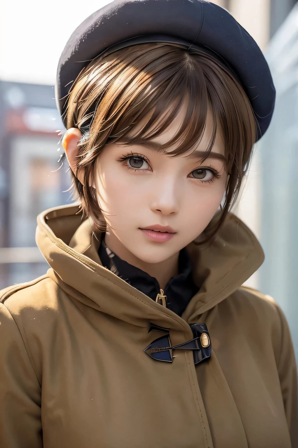 ８ｋ、highest quality, 1 girl, , , ((pixie cut)), beret, spindly body, slim、flat body、lonely face、cute、inverted triangular face、 (close up head shot:1.23) 、brown hair、duffel coat、soft fabric、