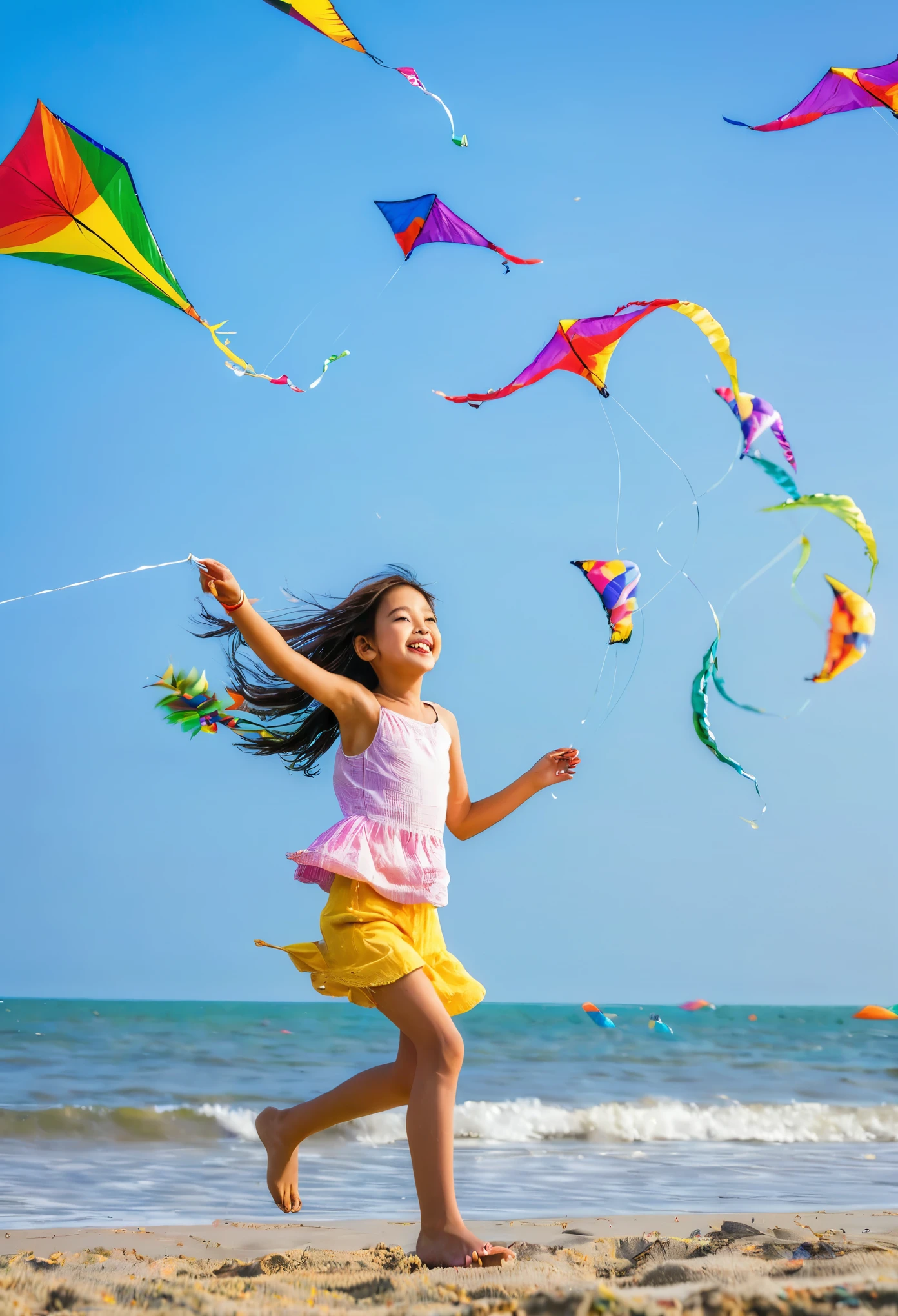 Girl playing on the beach , colorful kites gliding gracefully through the air.