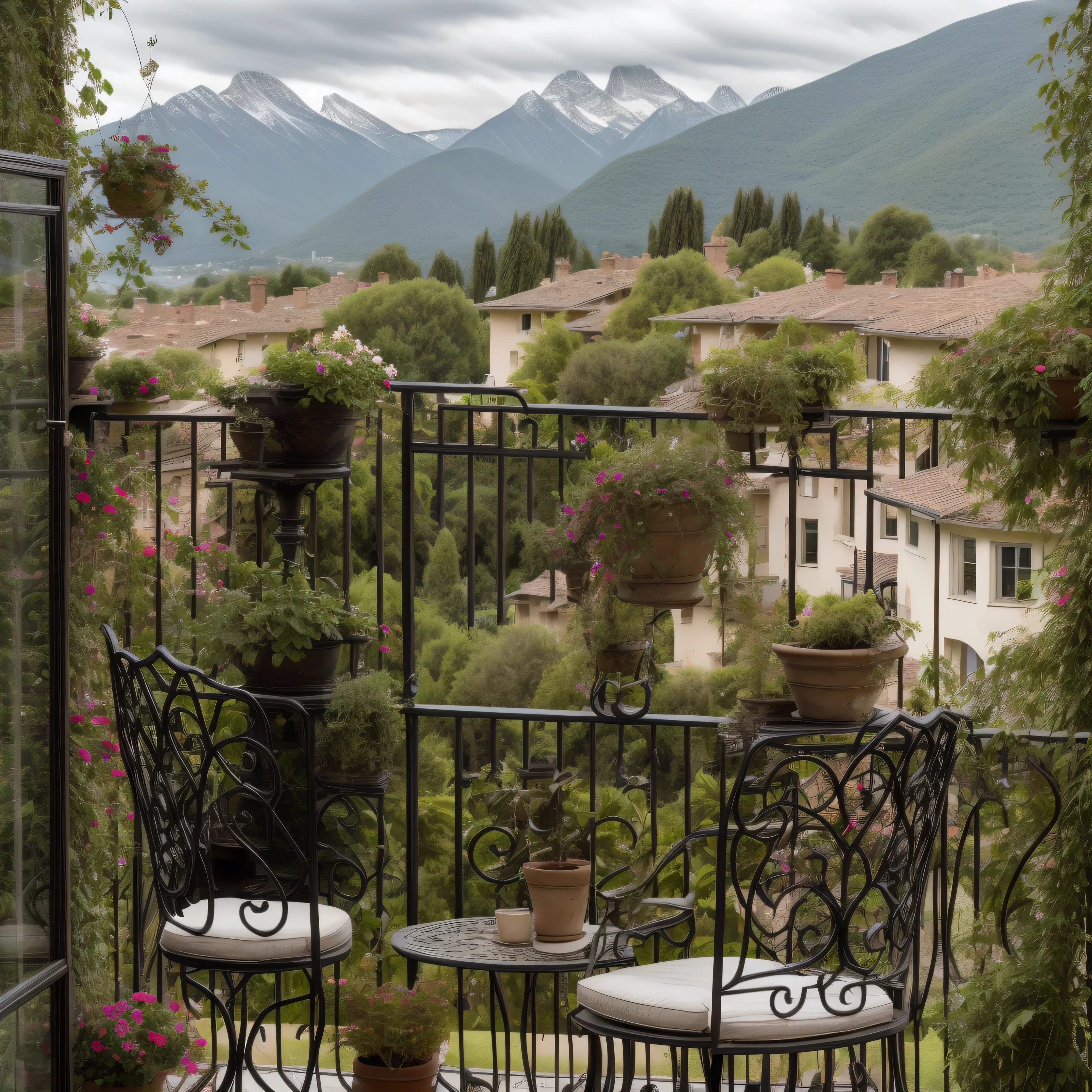 photo of amazing architecture, The view from this balcony is mesmerizing, with a beautiful garden and mountains in the background. Greenery adds beauty to the landscape.., very detailed, masterpiece, 8 thousand.