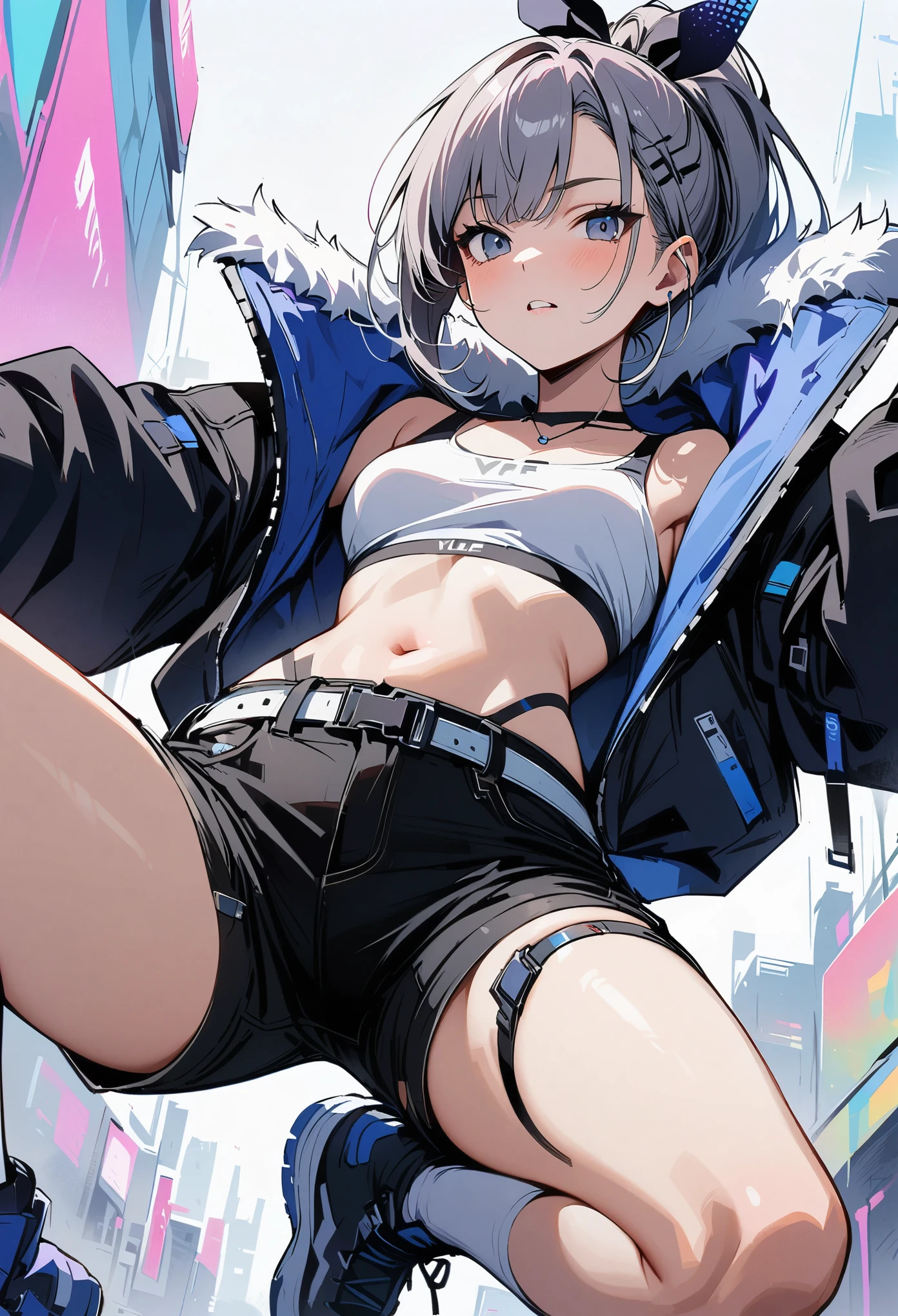 young girl, gray short hair, gray eyes, high ponytail, cyberpunk, white top, open belly, shorts, fur coat, masterpiece, high quality, silver wolf
