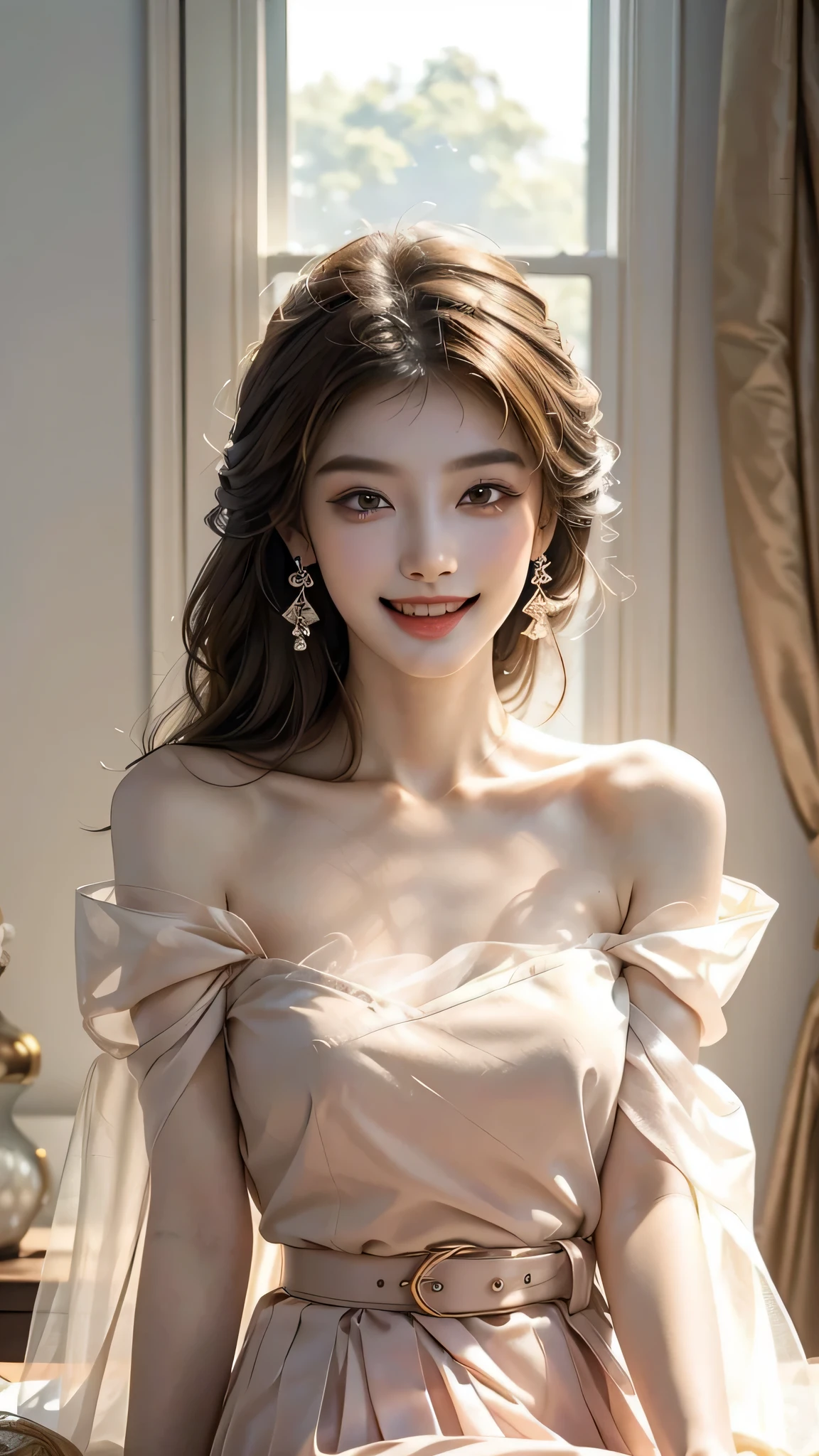 ((upper body)), ((from below)), ((realistic)), 1 Asian female model, A young girl, (Close up), (Being in the room, Sit Pose, Leaning against the dresser), Look out the window, Pleasing posture, Eye-catching poses, Detailed scenes, Coiled hair, Hairpins, Beautiful hair accessories, Brownish-yellow hair, light make-up, Blushlush, Gloss on lips, ((white hanfu, tulle shawl, Skirt, Leak one shoulder, high-waist, Nice belt)), ((warm lights, a warm color palette)), (Extremely high color saturation), Detailed details, ultra-detailliert, (tmasterpiece, best qualtiy), (An extremely delicate and beautiful work), Delicate earrings, Delicate necklace, Simple blurred background, Extreme detail description, Ultra-fine painting, Delicate face, slim toned body, Slimming the waist, (grin, happy grin, Baring teeth), (anatomy correct)