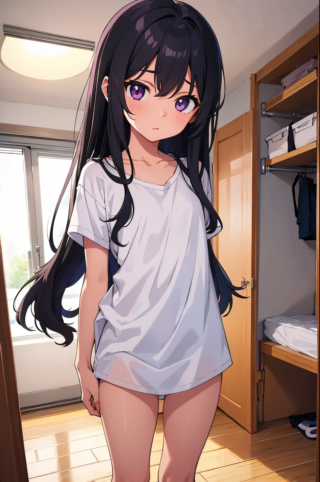 girl&#39;s room　elementary school girl　8-year-old　flat chest　black hair　long hair　eyes are purple　（（1 person））　Baggy white T-shirt on the upper body　lower body white panties（（White panties are visible））　barefoot　standing in the room　I can see white panties　dynamic angle　Low angle from the front