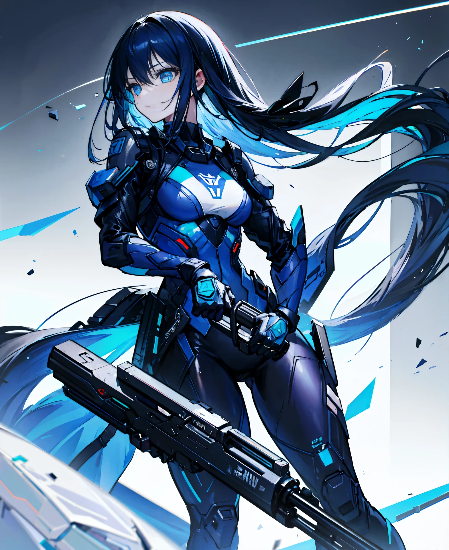 no background,girl,carry a firearm,Enamel style tight suit,use of firearms,dark blue long hair,attention arousal,blue colored eyes,no gradation