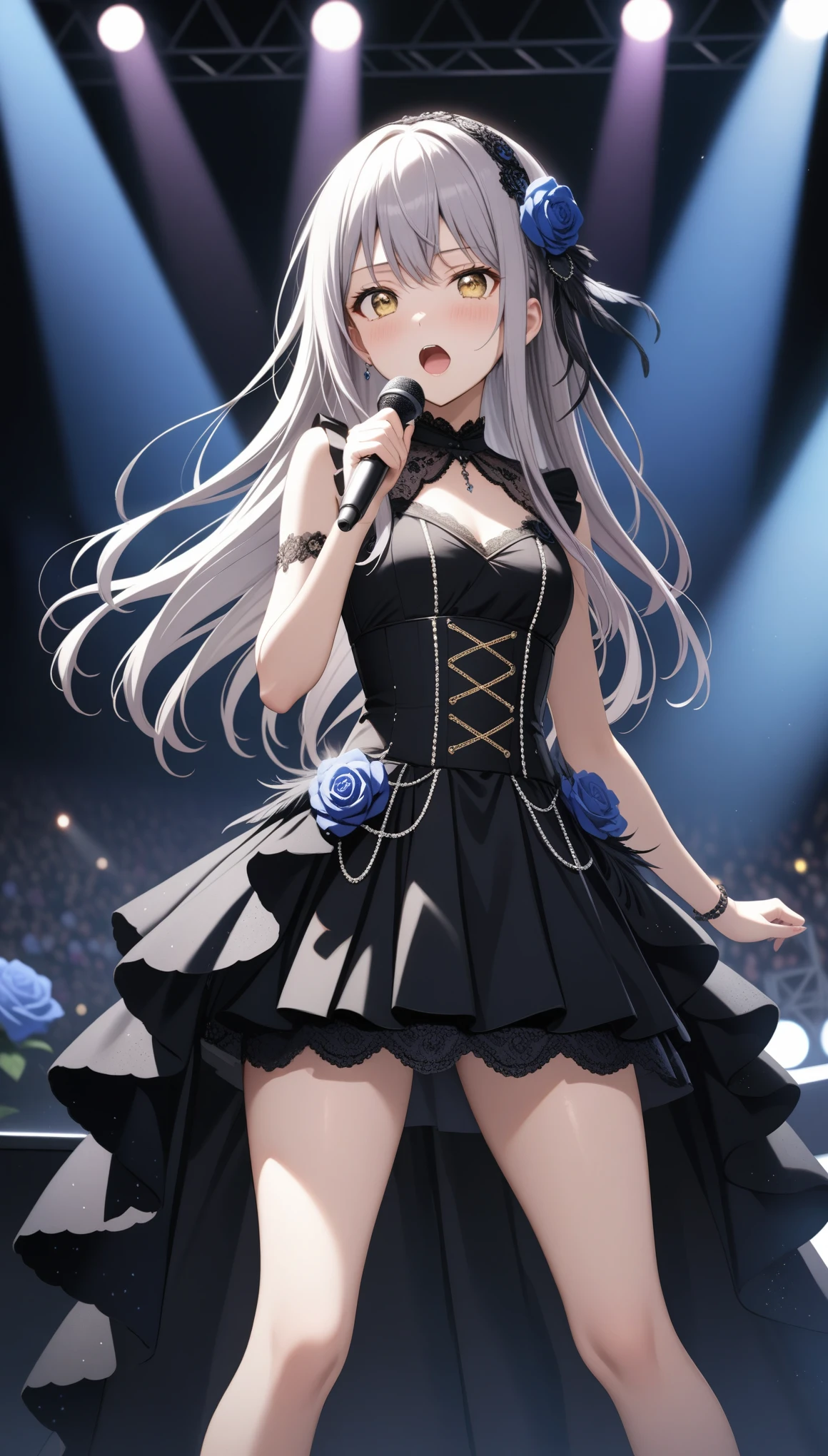 (masterpiece, best quality, very aesthetic, ultra detailed), intricate details,
1girl, minato yukina, bang dream!, stage, stage lights, singing, black dress, black hairband, blue rose, feathers, flowers, white hair, yellow eyes,
