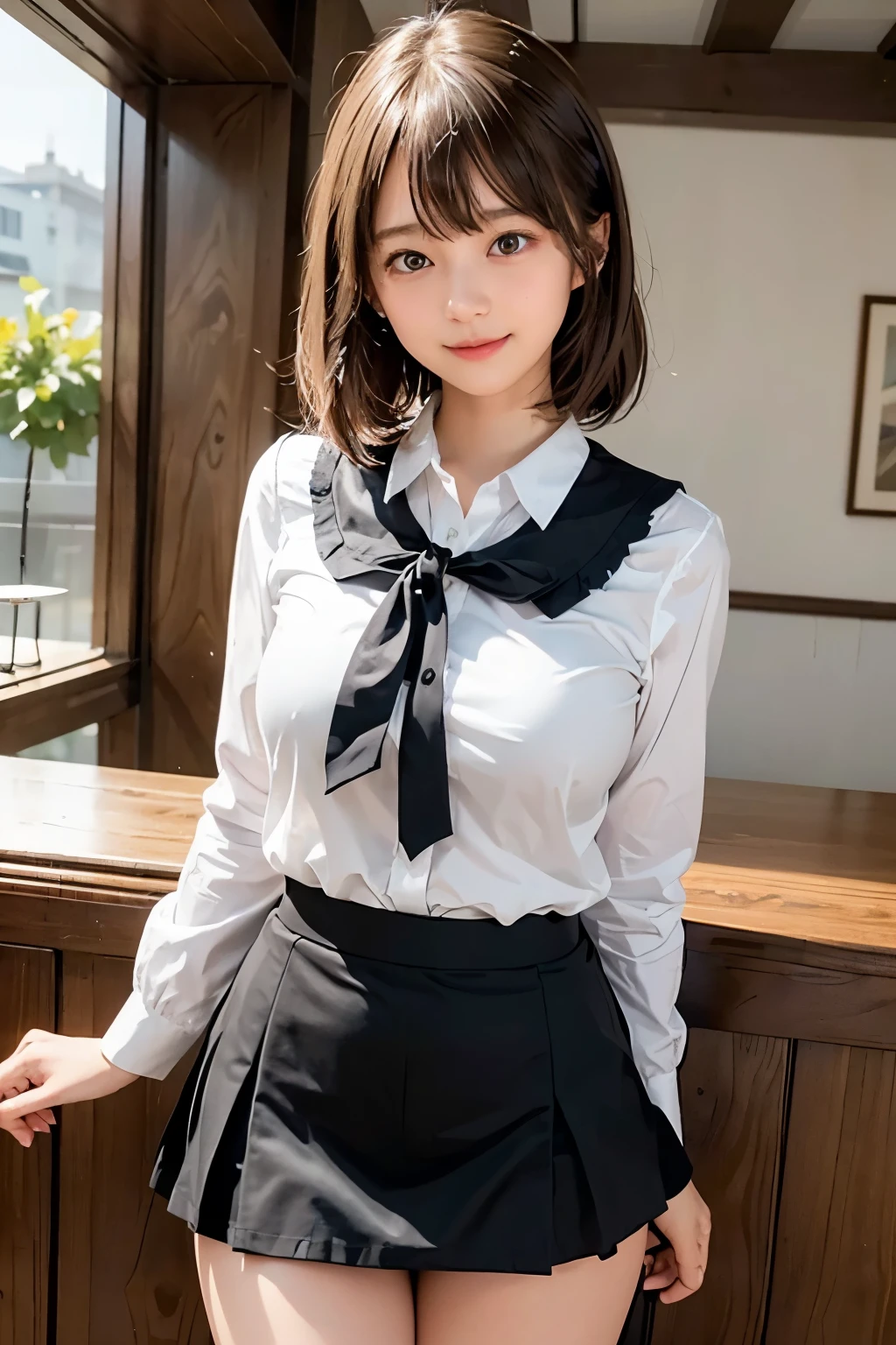 "(Best Quality, 4K, 8K, hight resolution, masutepiece:1.2), Ultra-detailed, Realistic:1.37, short light brown hair, High School Girl, Sailor Uniform, Black School Miniskirt, Super Super Slender Body, Super big breasts, Shy and cute face, Beautiful smile, Lift her skirt to show her underwear(Panchira)"