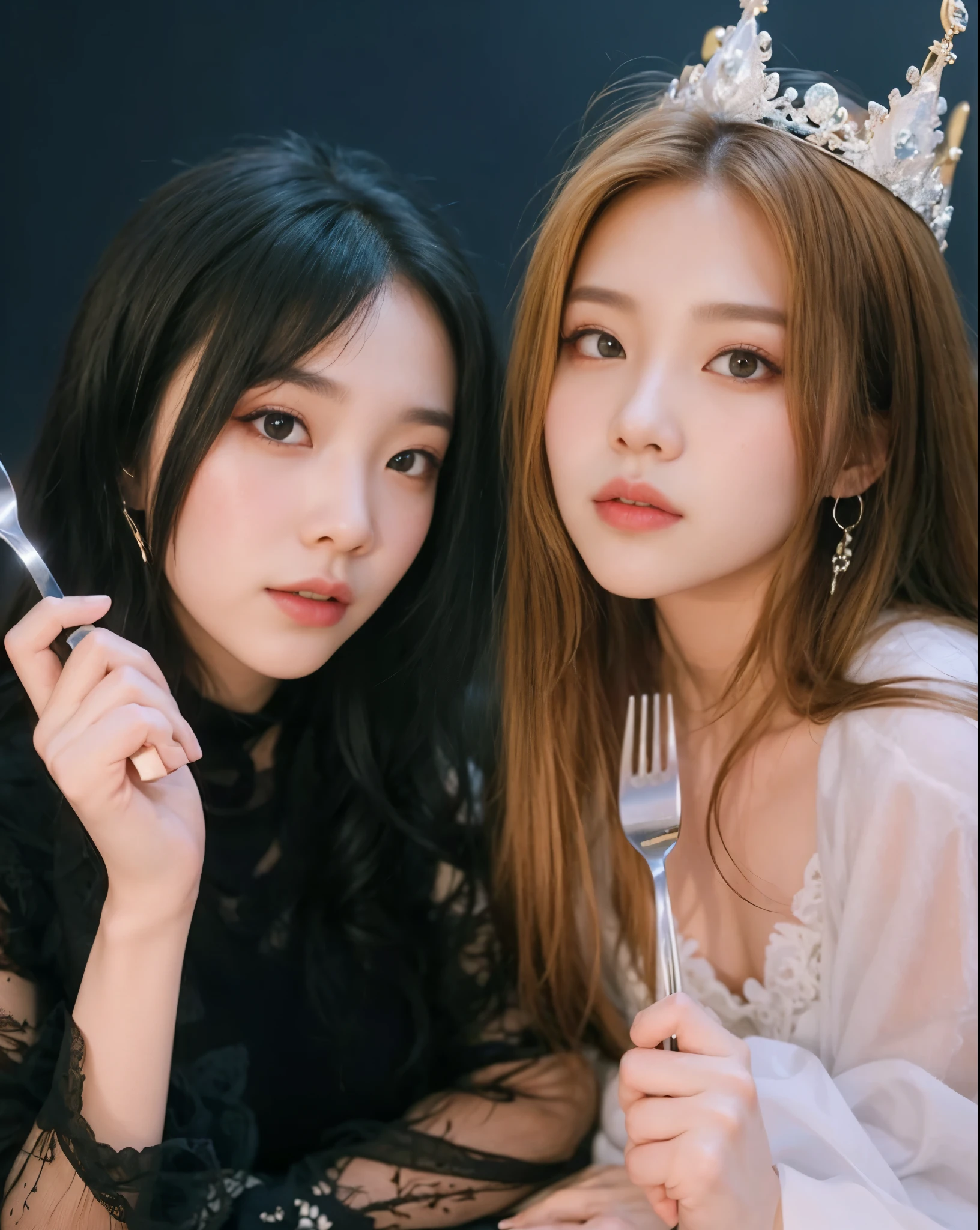 Two women in handkerchiefs pose for a photo with a fork and knife, Mukbang, Nixeu y Sakimichan, horquilla horquilla horquilla, Sakimichan, ulzzang, 👅 👅, JIA, terciopelo rojo, Gongbi, Jossi de Blackpink, inspirado por Wang Duo, Retrato Jisoo Blackpink, maquillaje popular de Corea del Sur, photo session