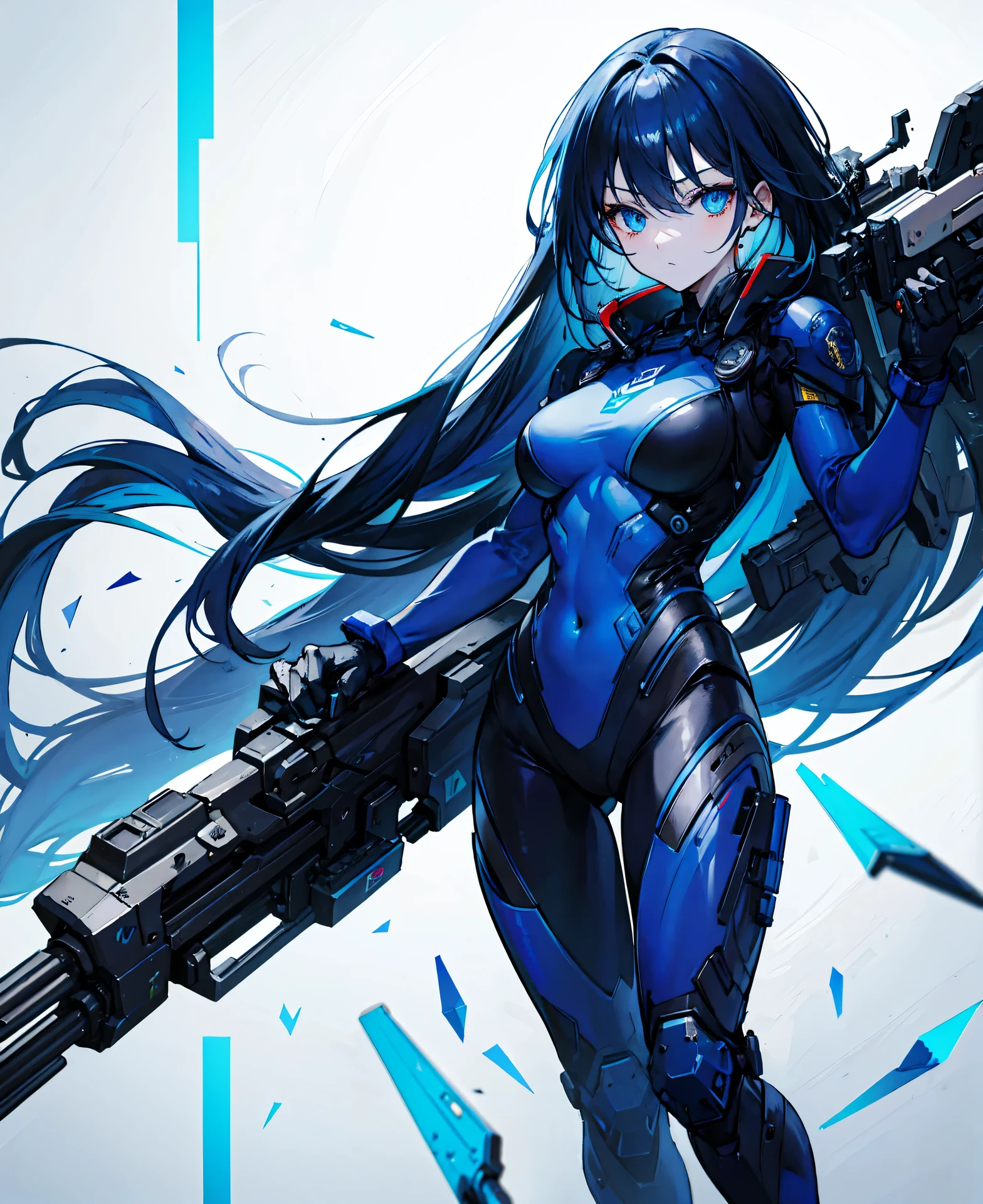 no background,girl,carry a firearm,Enamel style tight suit,use of firearms,dark blue long hair,attention arousal,blue colored eyes,no gradation