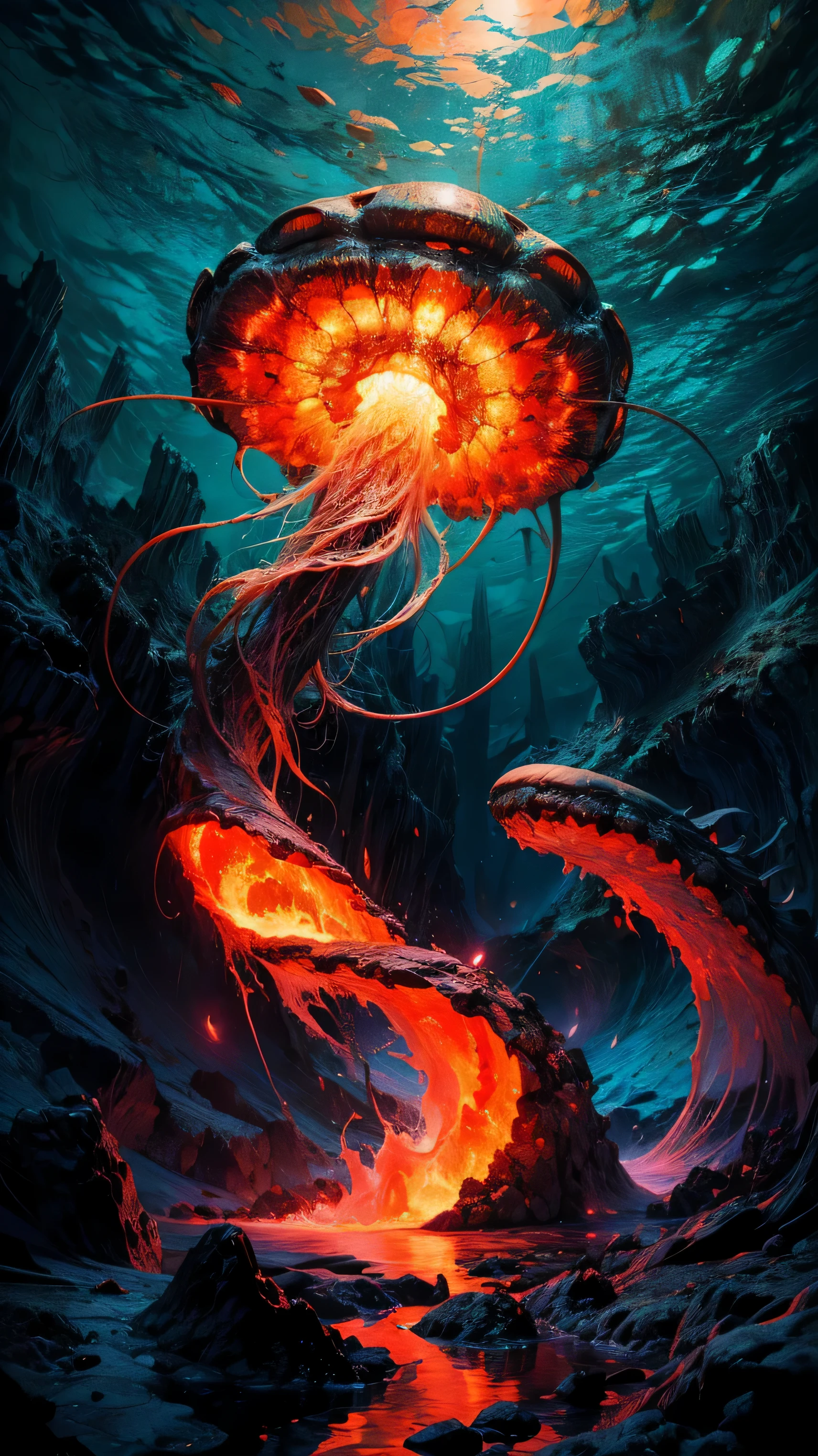 (best quality:1.2, high resolution, Super detailed, actual:1.37), lava jellyfish, Jellyfish in lava, Lava-like appearance, Vibrant red magma, Fascinating details of jellyfish, ethereal light, flowing tentacles, complex patterns, glowing red eyes, undersea environment, dark abyss, Contrasting colors, surreal atmosphere, studio lighting