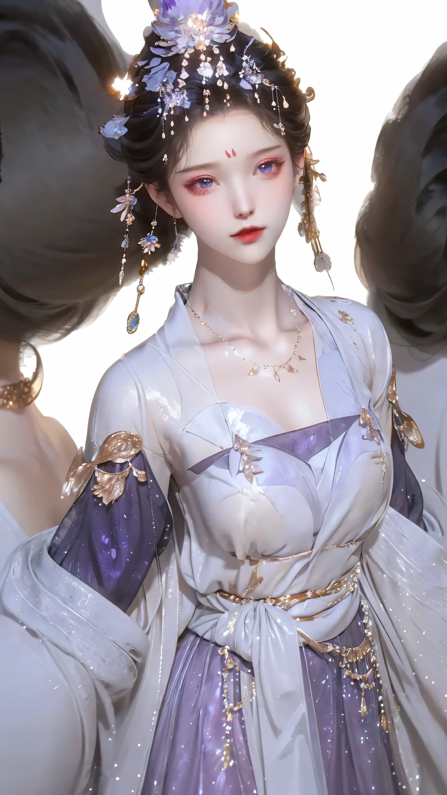 （（full body pictures）），（best quality，masterpiece：1.2），ultra high resolution，realistically，front lighting，intricate details，Exquisite details and textures，（1 girl），alone，luster，Purple Hanfu，好漂亮的big eyes，(purple dress），Petal decoration，pretty face，facing the audience，ribbon，gossamer，（young），facial highlights，Detailed production，tear nevus，White skin，silver hair，high ponytail，looking at the audience，big eyes，（hollow pattern），ear nipple ring，fit，White background，right hand，shoe，leg，professional lighting，photon mapping，radio city，Physically based rendering，8K
