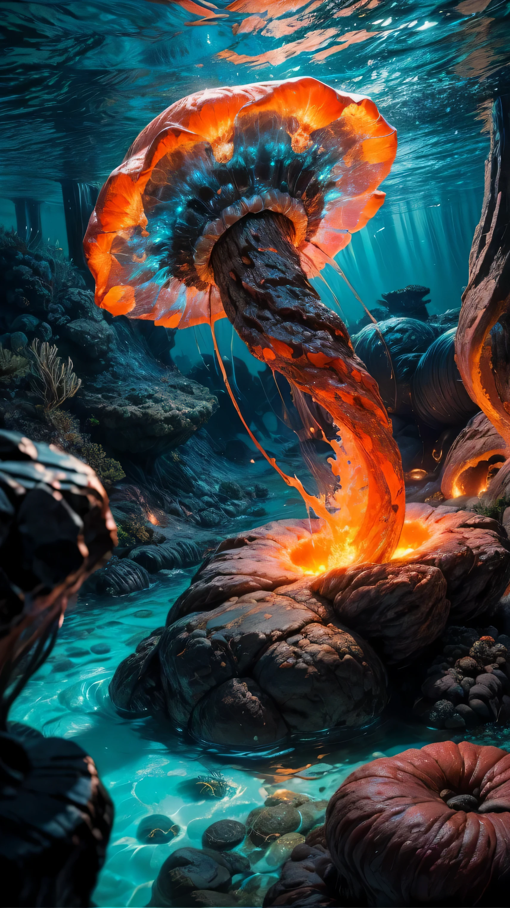 (high quality,ultra high definition,High resolution:1.2),lava jellyfish,lava jellyfish,Blazing magma,lava texture,Delicate lava-like tentacles,Lava-like body shape,Real magma color,bright red,bright red lava light,Charming jellyfish,Underwater beauty,fluid motion,lively movements,Endless tentacles,brightly colored tentacles,jellyfish shape with lava texture,Crisp lines and textures,Realistic lava details,Fluid and organic look,glowing lava tentacles,Glowing red lava lamp,Dynamic lava pattern,fantastic underwater scenes,lava jellyfish floating in the abyss,Light and shadow intertwined with lava-like light,Subtle currents enhance jellyfish movement,sparkling particles in water,Immersive underwater world landscape,Jellyfish beats gently,Lava-like glassy transparent body,Subtle reflections and refractions of light through lava tentacles,Mesmerizing and hypnotic atmosphere,Unforgettable impressions.