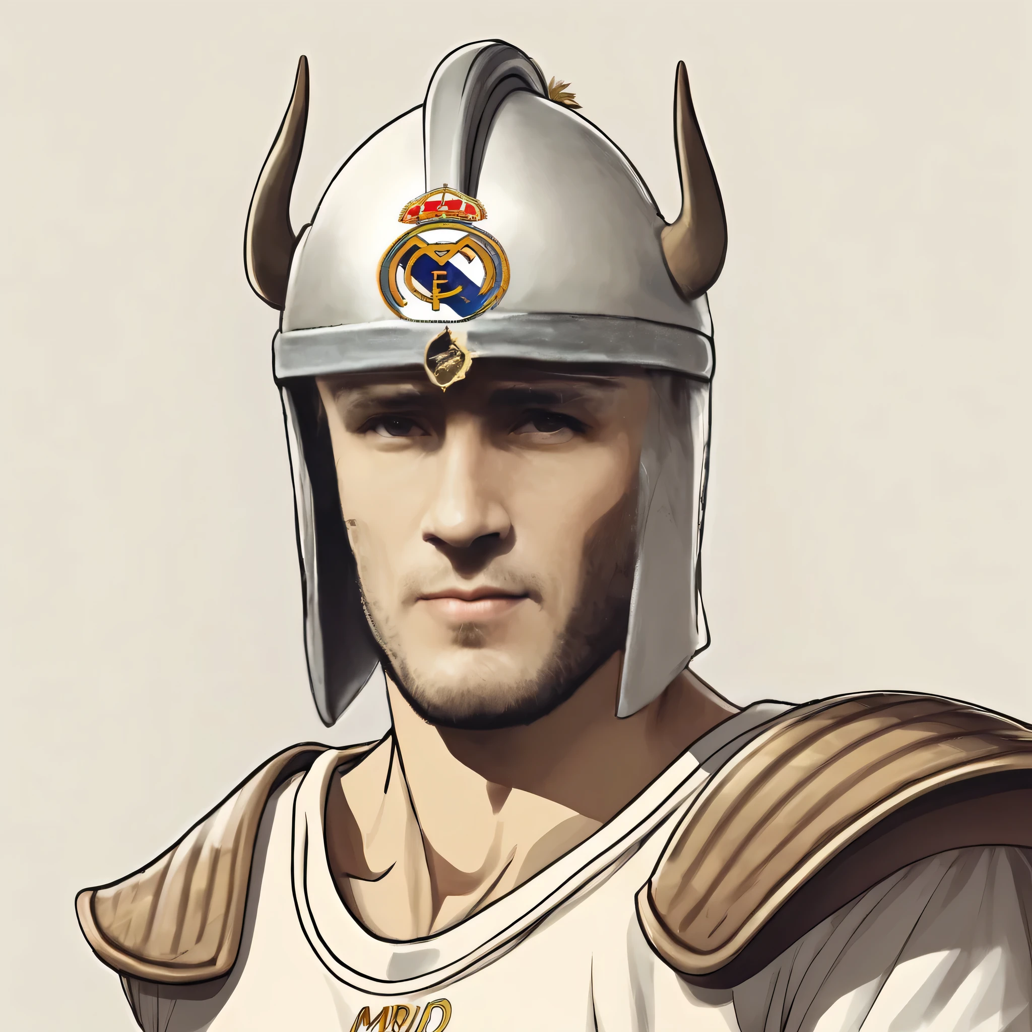 there is a man wearing a helmet with real Madrid logo, horns on his head, in a horned helmet, inspired by Sava Šumanović, official fan art, inspired by Edo Murtić, alejandro, warriors fan art, fan art, wearing winged helmet, wearing a round helmet, wearing ornate helmet, portrait of homelander