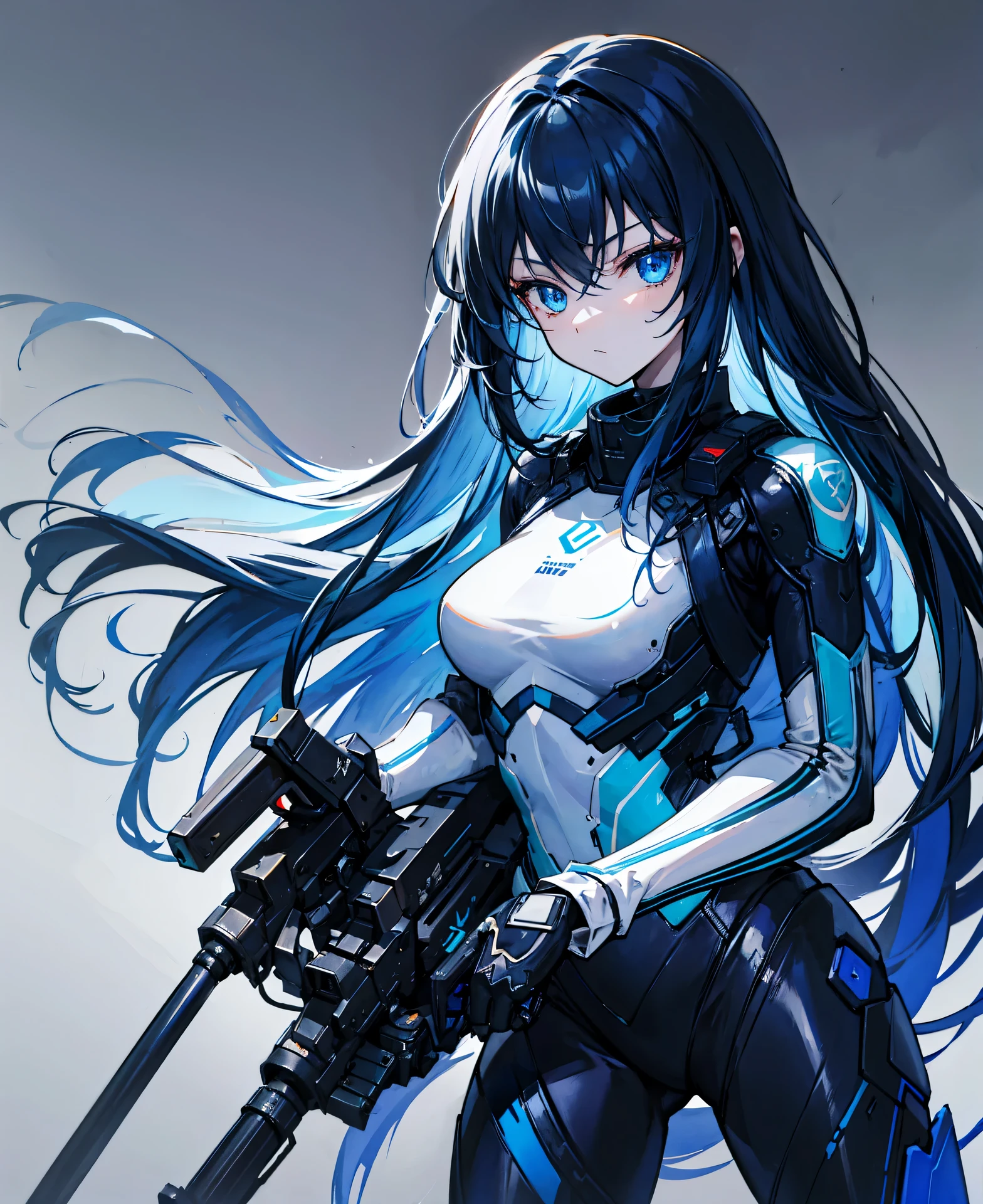 no background,girl,carry a firearm,Enamel style tight suit,use of firearms,dark blue long hair,attention arousal,blue colored eyes,no gradation