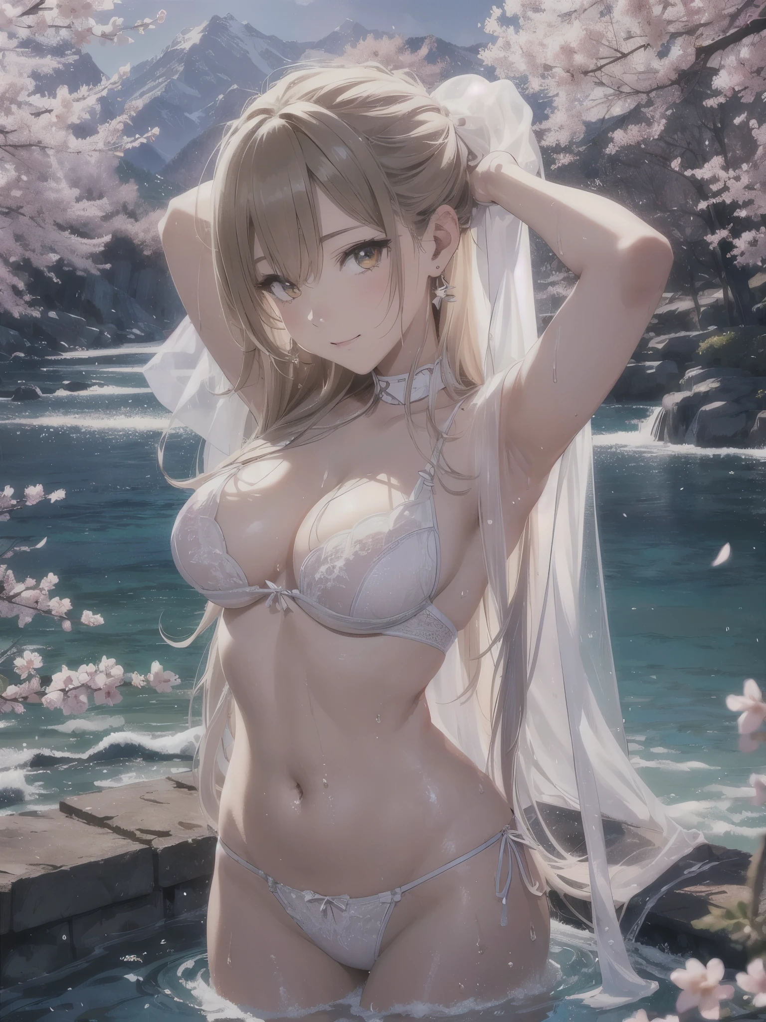 (((ultra high definition))), (((Asuna))), masterpiece, best quality, detailed, (1 girl), alone, (超detailed golden eyes, long hair, permanent: 1.2), Be close to the audience, (Sexy Lingerie), (wet, Wet hair :1.2), smile, (Plump breasts, attractive body :1.2), (Put your arms behind your back), water, Sunset, (earring), (cherry blossoms in bloom), Snowy mountains and lake in the background,