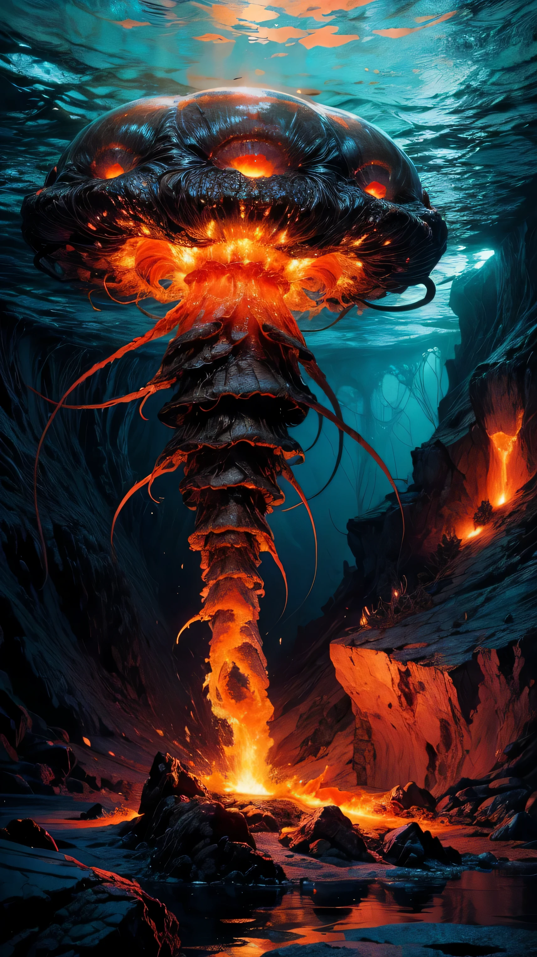 (best quality:1.2, high resolution, Super detailed, actual:1.37), lava jellyfish, Jellyfish in lava, Lava-like appearance, Vibrant red magma, Fascinating details of jellyfish, ethereal light, flowing tentacles, complex patterns, glowing red eyes, undersea environment, dark abyss, Contrasting colors, surreal atmosphere, studio lighting