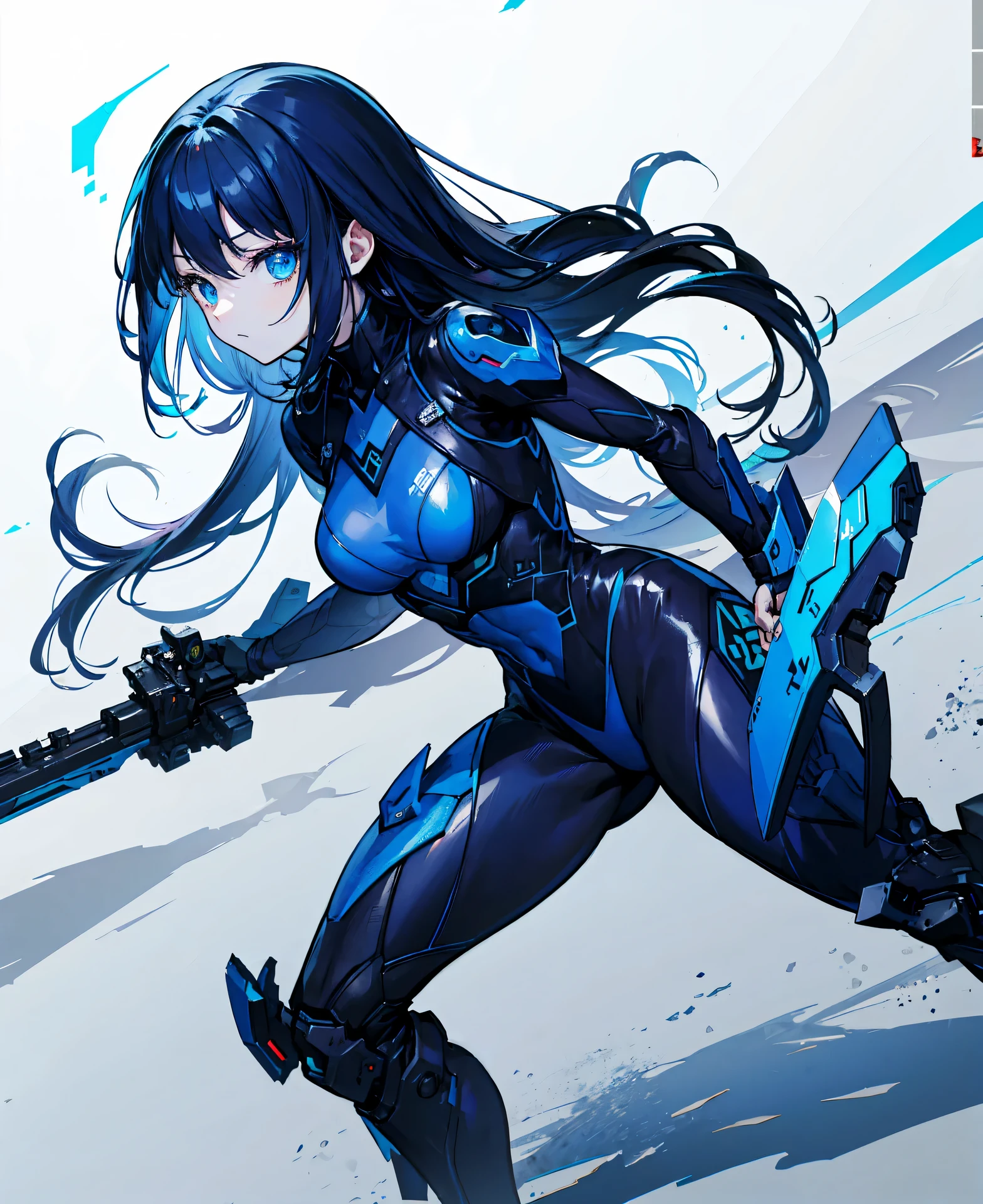 no background,girl,carry a firearm,Enamel style tight suit,use of firearms,dark blue long hair,attention arousal,blue colored eyes,no gradation