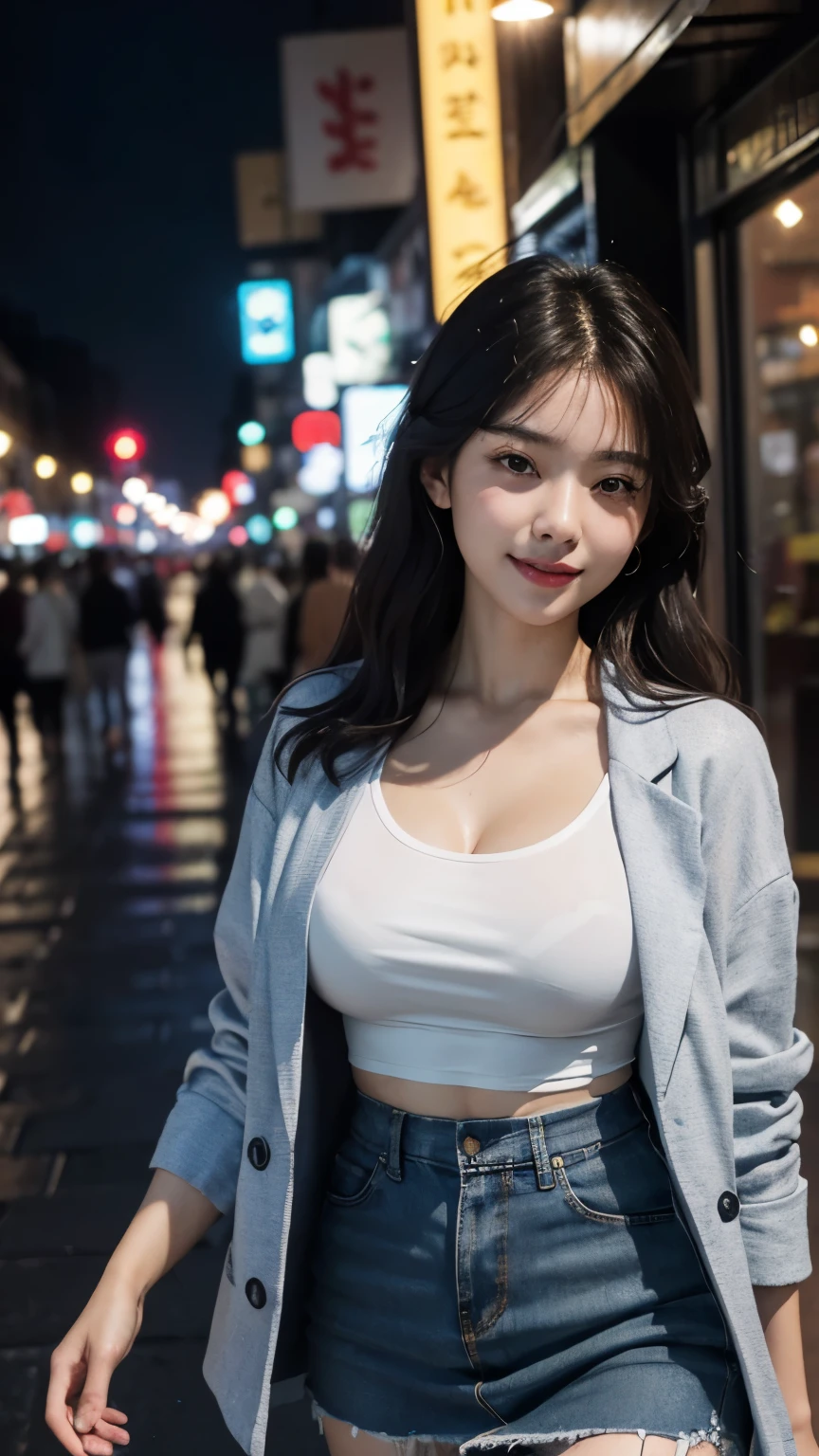 (8k, best quality, masterpiece:1,2), (realistic, photo-realistic:1,37), top quality, masterpiece, a beautiful woman, wearing a shirt for women crop v neck top white t-shirt korean fashion women t with a tight open gray color jacket, beautiful and toned body, cleavage, floral mini skirt, walking in the suburbs, slightly drizzling night background, in shops with Korean-style shop lights, night atmosphere, slightly wet asphalt, seductive smiles with dimples,