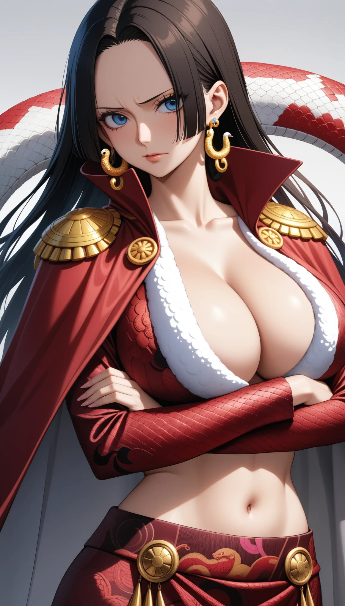 (masterpiece, best quality, very aesthetic, ultra detailed), intricate details,
1girl, boa hancock, one piece, blue eyes, collarbone, crossed arms, earrings, jewelry, large breasts, navel, open clothes, open jacket, red jacket, red long skirt, snake earrings, cleavage, cape,