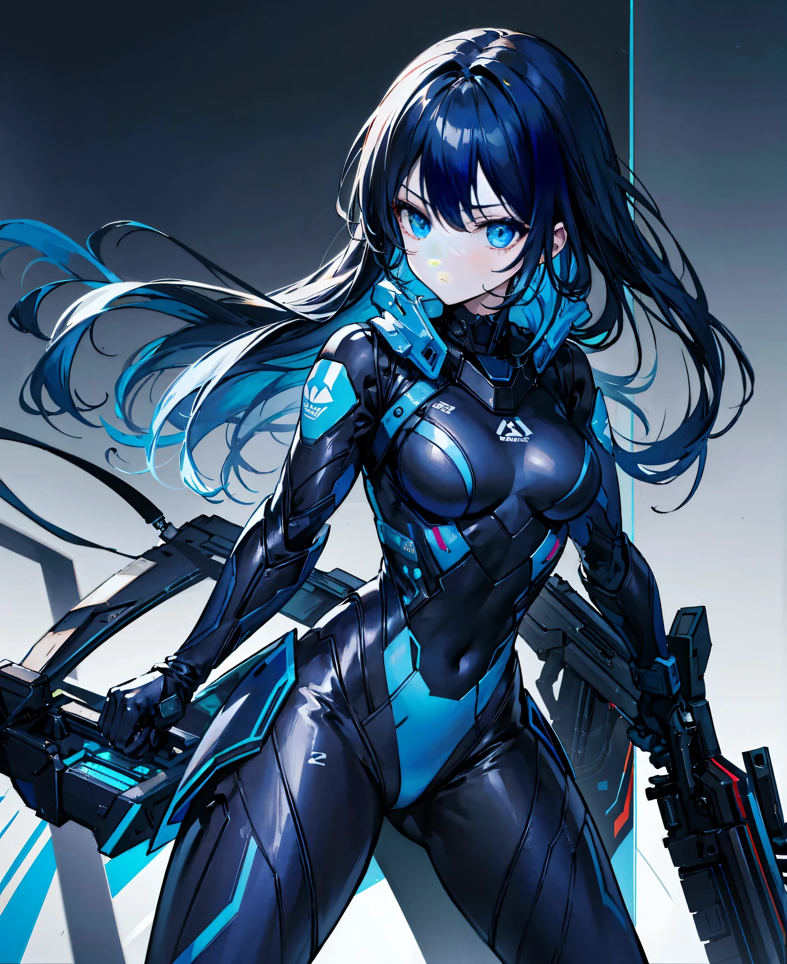 no background,girl,carry a firearm,Enamel style tight suit,use of firearms,dark blue long hair,attention arousal,blue colored eyes,no gradation