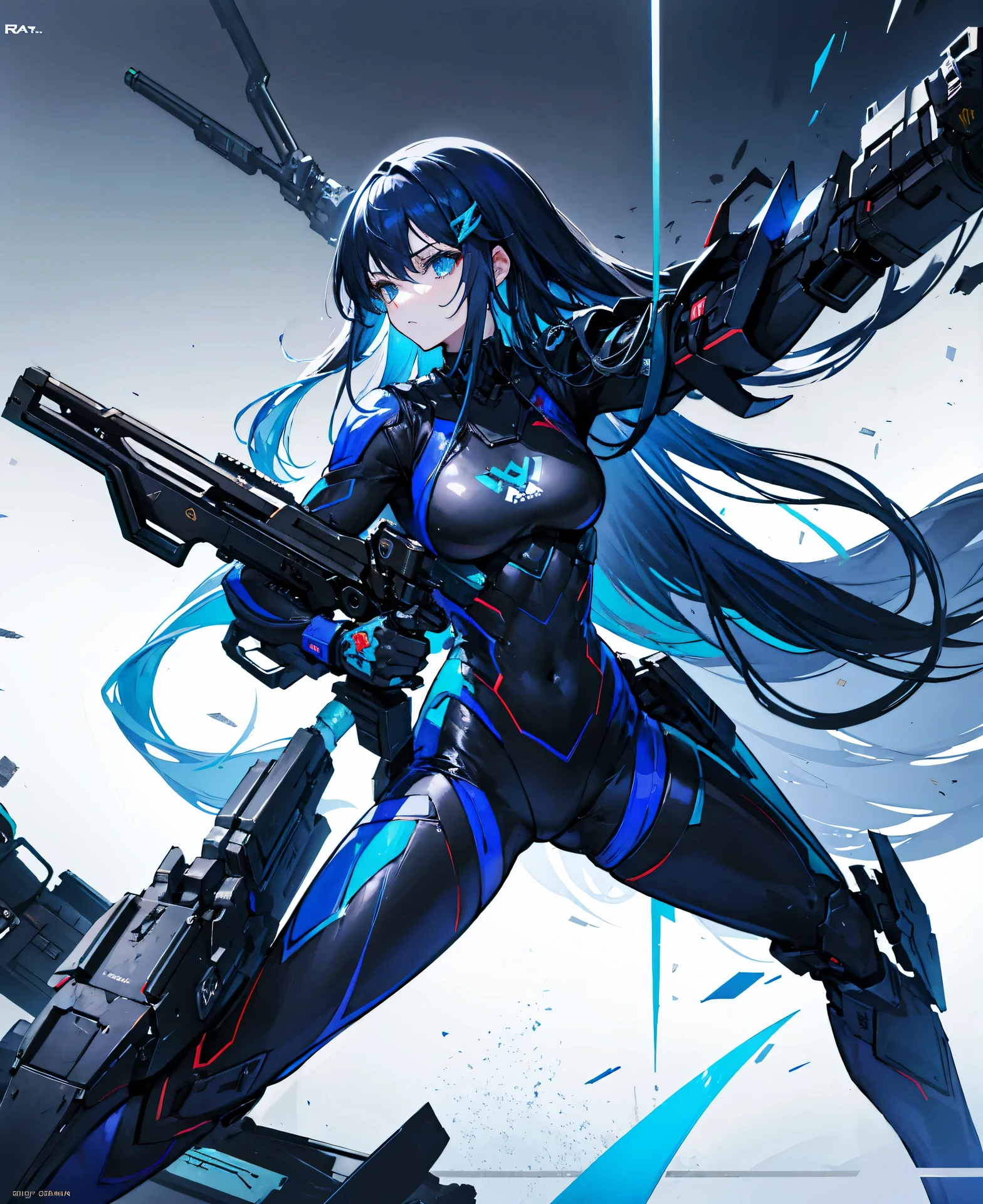 no background，girl，carry a firearm，Enamel style tight suit，use of firearms，dark blue long hair，attention arousal，blue colored eyes,no gradation