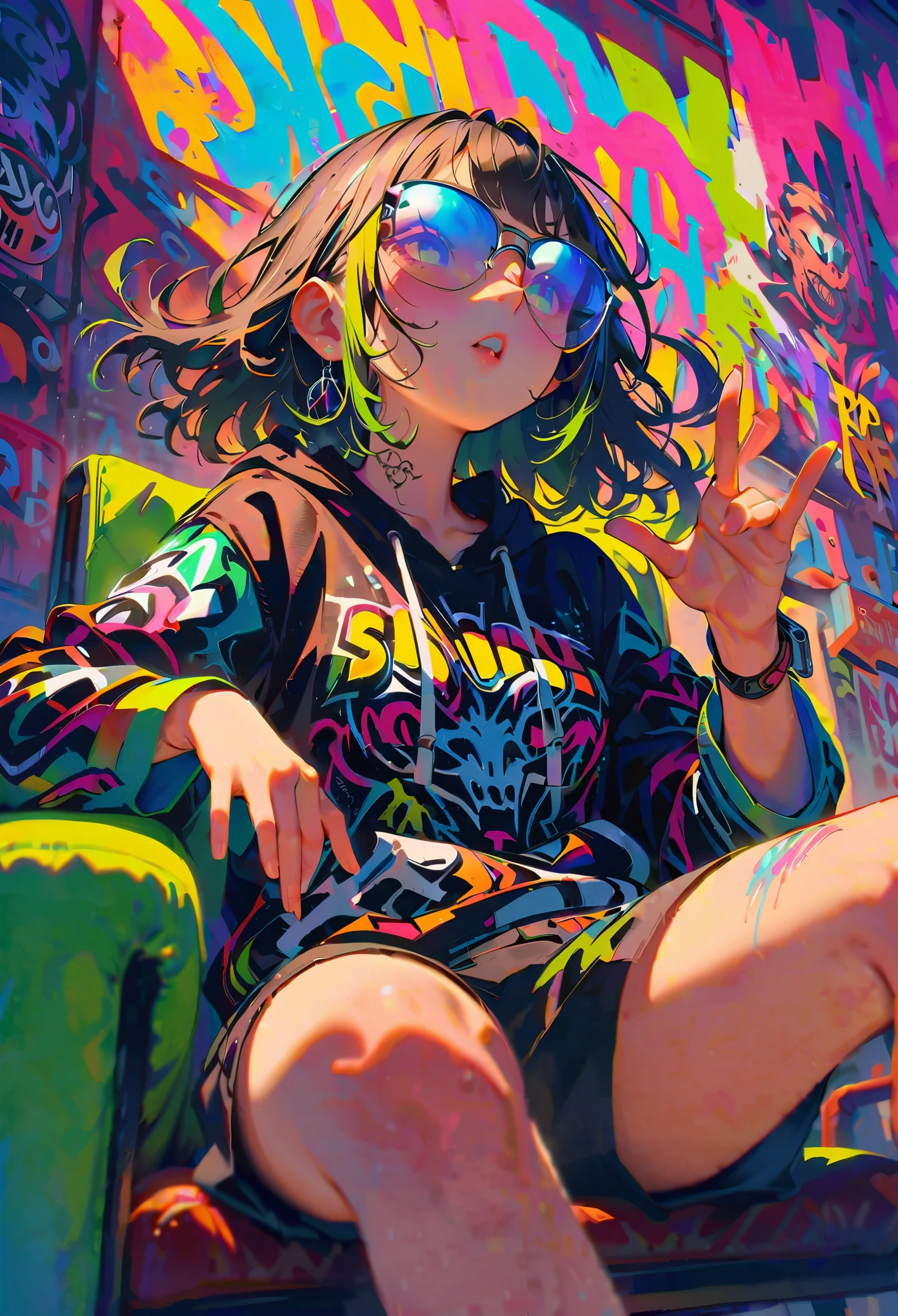 Style 5,Style 7,HD, (best details) (best quality), Alfie woman wearing sunglasses sitting on chair on sofa, (((graffiti art))), (((Trigger studio style, graffiti art, rock punk, neon color))), Kahn Griffith