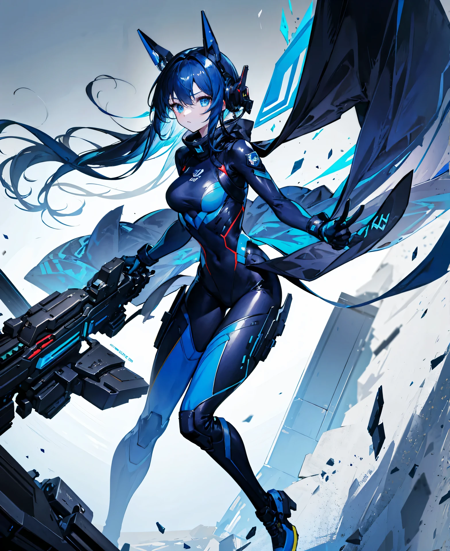no background,girl,carry a firearm,Enamel style tight suit,use of firearms,dark blue long hair,attention arousal,blue colored eyes,no gradation