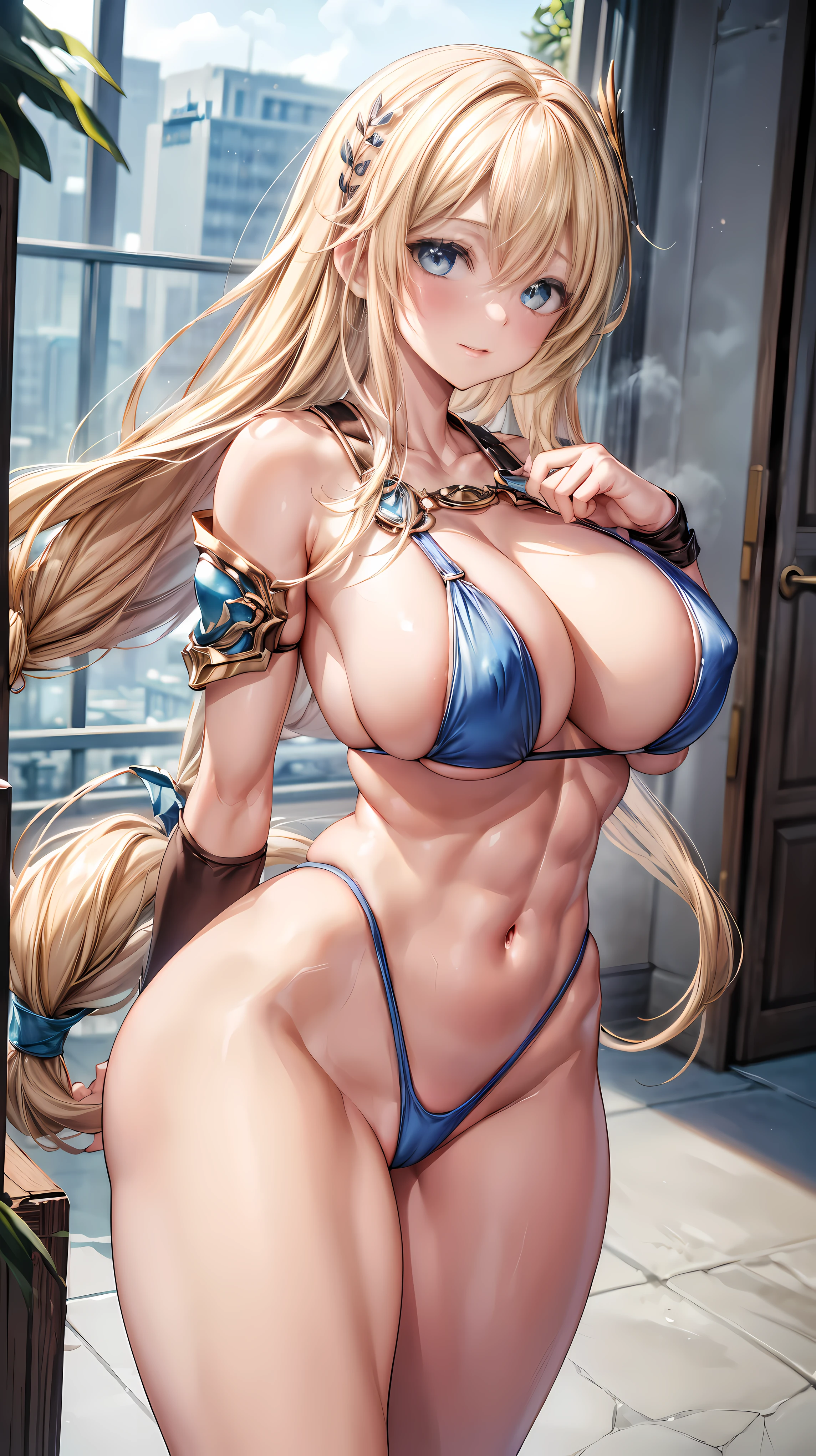 sensual, long blonde hair, thick thighs, 8K, 4k, highest quality, High resolution:1.2), cute anime face, noise reduction, shining blue eyes, gentle smile, kind eyes、toned abdominal muscles, muscular arms, muscular legs, young face, anime eyes, (((big breasty chest is about to burst)))、(((bondage style)))、(((Rear view、I'I'll turn around、T-back song that digs into your butt)))、(Sophitia Alexandra)、(SFW huge body)、knee high tights