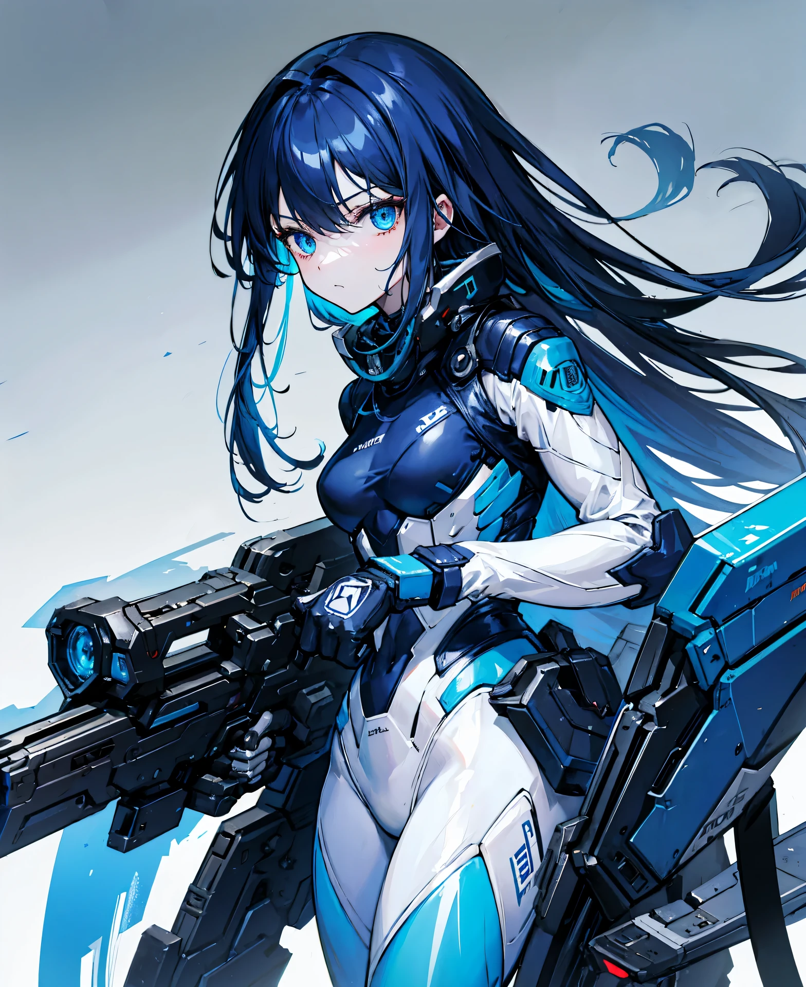 no background,girl,carry a firearm,Enamel style tight suit,use of firearms,dark blue long hair,attention arousal,blue colored eyes,no gradation