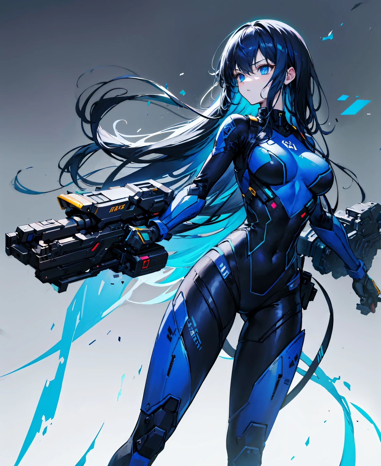 no background，girl，carry a firearm，Enamel style tight suit，use of firearms，dark blue long hair，attention arousal，blue colored eyes,no gradation