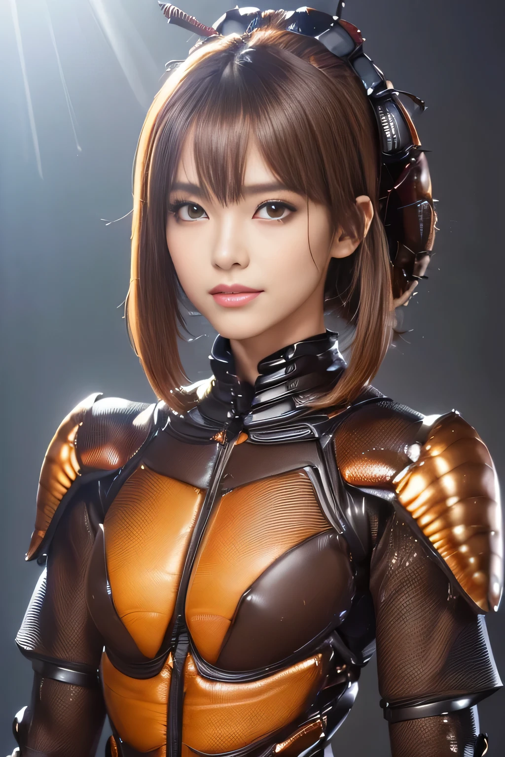 (High resolution,masterpiece,highest quality,Very detailed CG, anime, official art:1.4), realistic, photograph, amazing detail, everything is complicated, shiny and glossy,Amazing number of layers, 8K wallpaper, 3D, sketch, cute, figure,( alone:1.4), perfect female proportions,villain's daughter, (Fusion of dark brown cockroach and lady:1.4), (brown cockroach woman:1.2), (brown cockroach woman:1.2), (Fusion:1.2), (alone:1.4), (evil smile:1.2), muscular, abs, (Cockroach brown exoskeleton bio insect suit:1.4), (Cockroach brown exoskeleton bio insect armor:1.2), (brown transparent cockroach feathers:1.4), (Antennae of brown cockroaches:1.3),