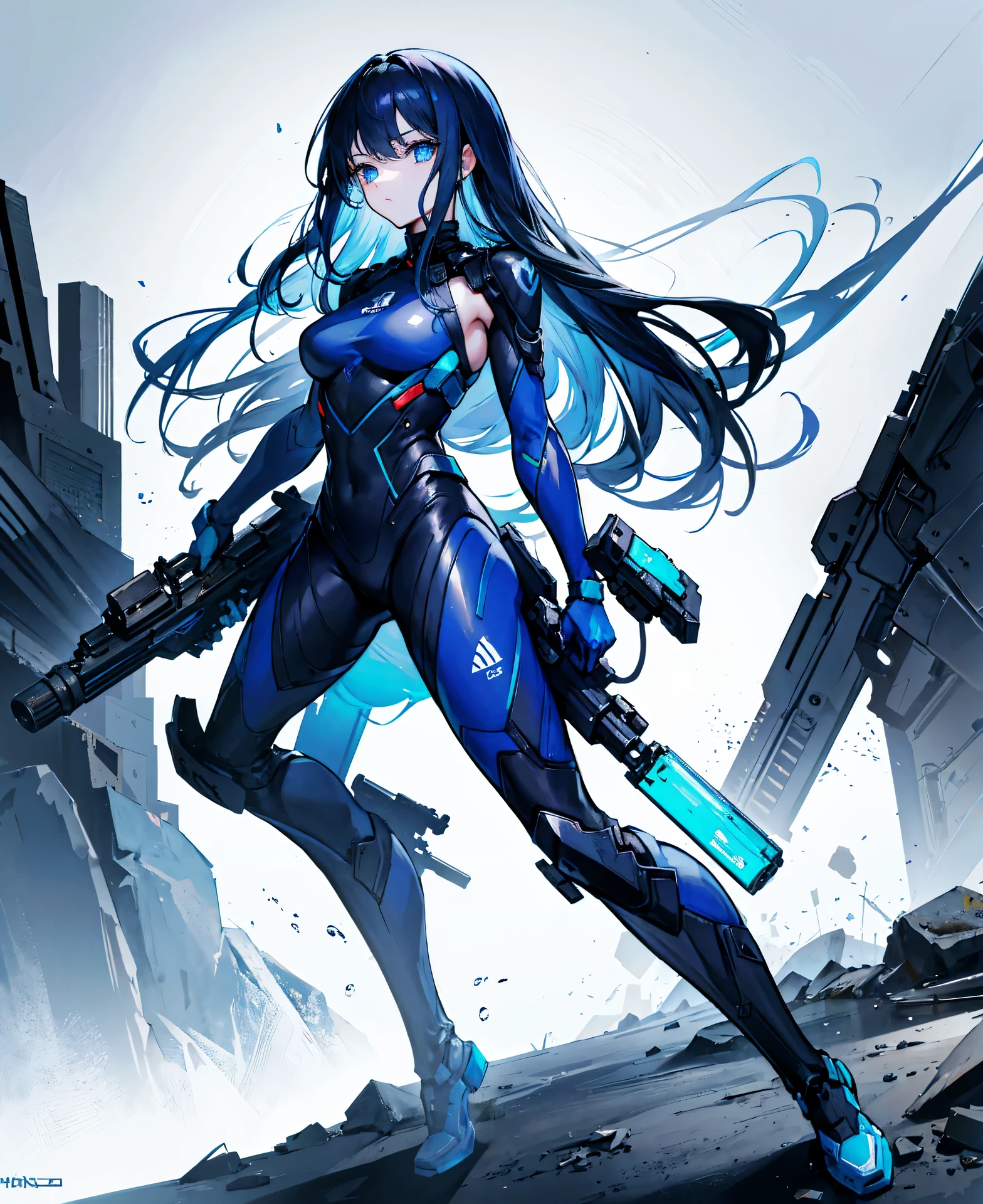 no background，girl，carry a firearm，Enamel style tight suit，use of firearms，dark blue long hair，attention arousal，blue colored eyes,no gradation
