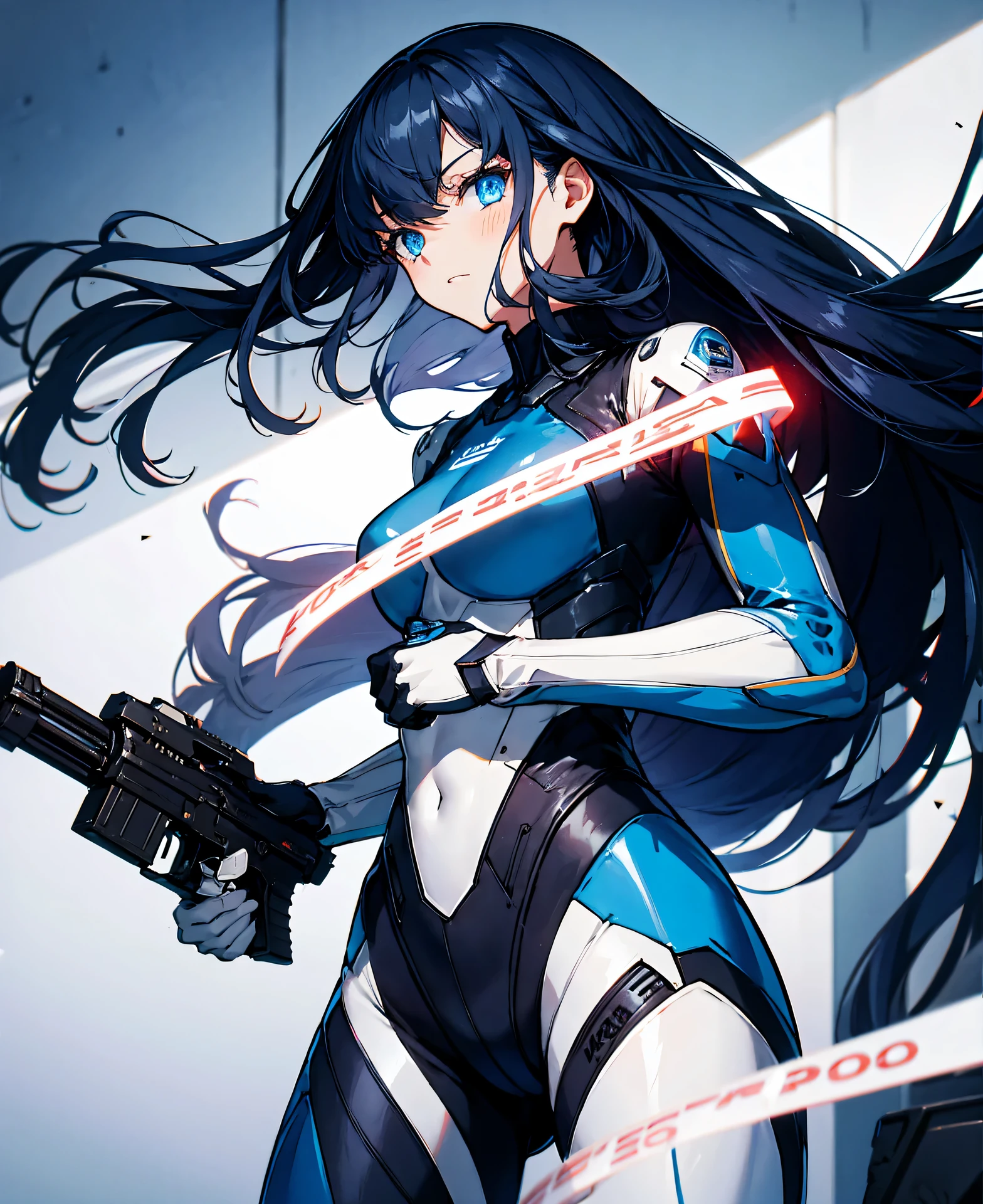 ultra-detailed, Explicit, Beautiful body, Beautiful Nose, Beautiful character design, perfect eyes, perfect face, ultra highres, 4K, beautiful legs, perfect legs, Nice hands, Perfect hand, Masterpiece, Best Quality, Highly detailed, illustration, absurdres, perfect anatomy, expressionless, blank eyes, emotionless,corruption, mind control, female combatant, full body, hypnotized, unhappy trance, full body suit, ribbed bodysuit, both arms at side, obey, perfect female body, looking at viewer, hypnosis, hypnoLora, empty eyes, Mind control device, poses, submissive_pose, Slave, kneeling straight, kneeling, kneeling at attention, Fighting Stance, numbersuit, two-tone bodysuit:0.9, blue bodysuit:0.9, light blue bodysuit:0.9, 1girl, solo, hair ornaments, long hair, black hair, red eyes, Aya Asagiri. flat chest, bangs, holding gun, holding weapon