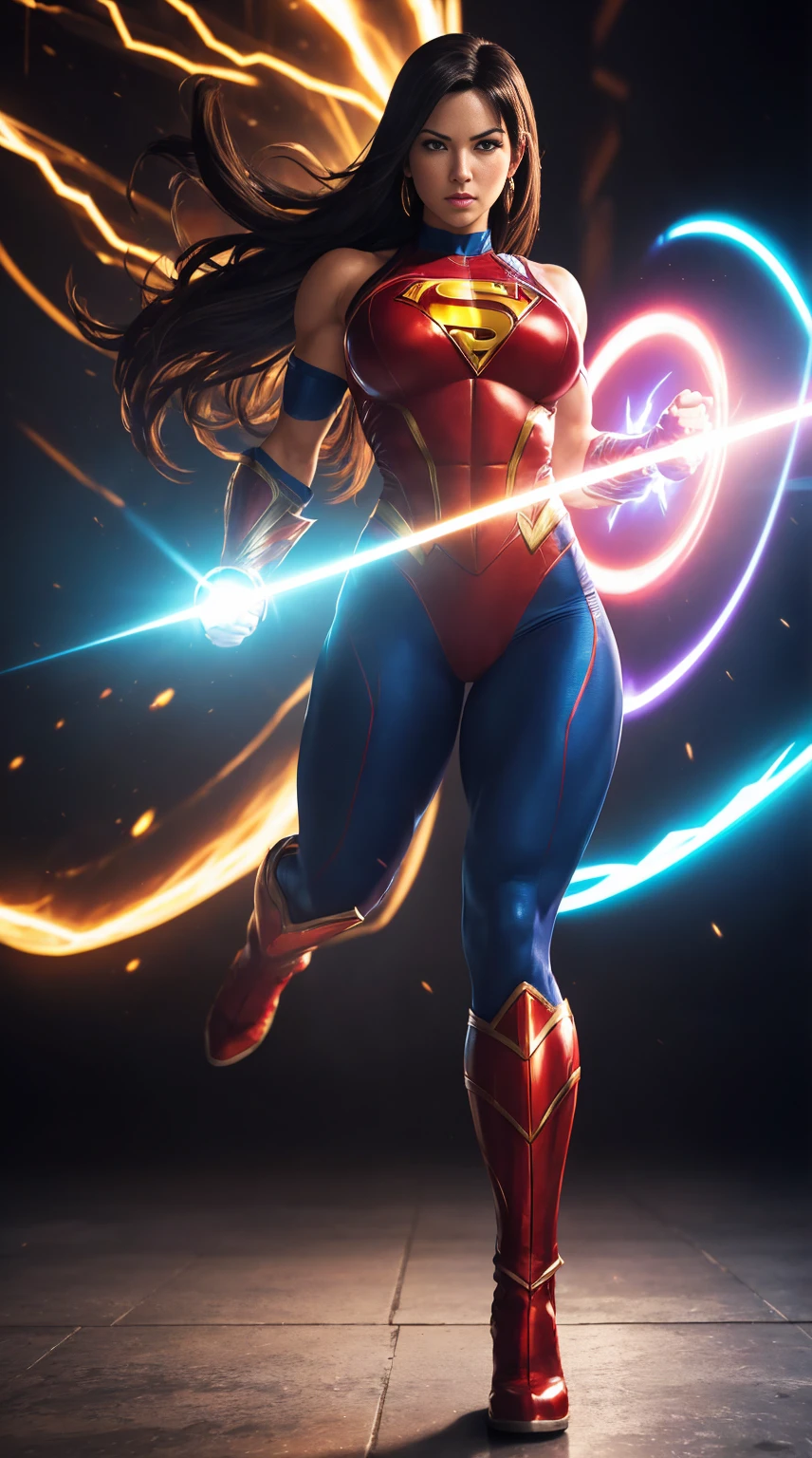 ((Full body shot, standing, feet on the floor))  Tifa Lockhart as superhero girl, superman-like costume, lightning background, full body, (Masterpiece:1.2), (Hyperdetailed), (Hyperrealistic:1.37), (Photorealistic:1.37), 8K, HDR, vivid colors, sharp focus, physically-based rendering, studio lighting, long flowing hair, muscular physique, determined expression, flying in mid-air, dynamic pose, clenched fists, high-octane action, intense energy, vibrant color palette, dramatic lighting, powerful aura, realistic texture, superhero emblem on costume, dynamic motion blur, striking contrast, intense shadow and highlights, extravagant costume design, focused and piercing eyes, seamless blending of reality and fantasy, dramatic backlighting, electrifying atmosphere