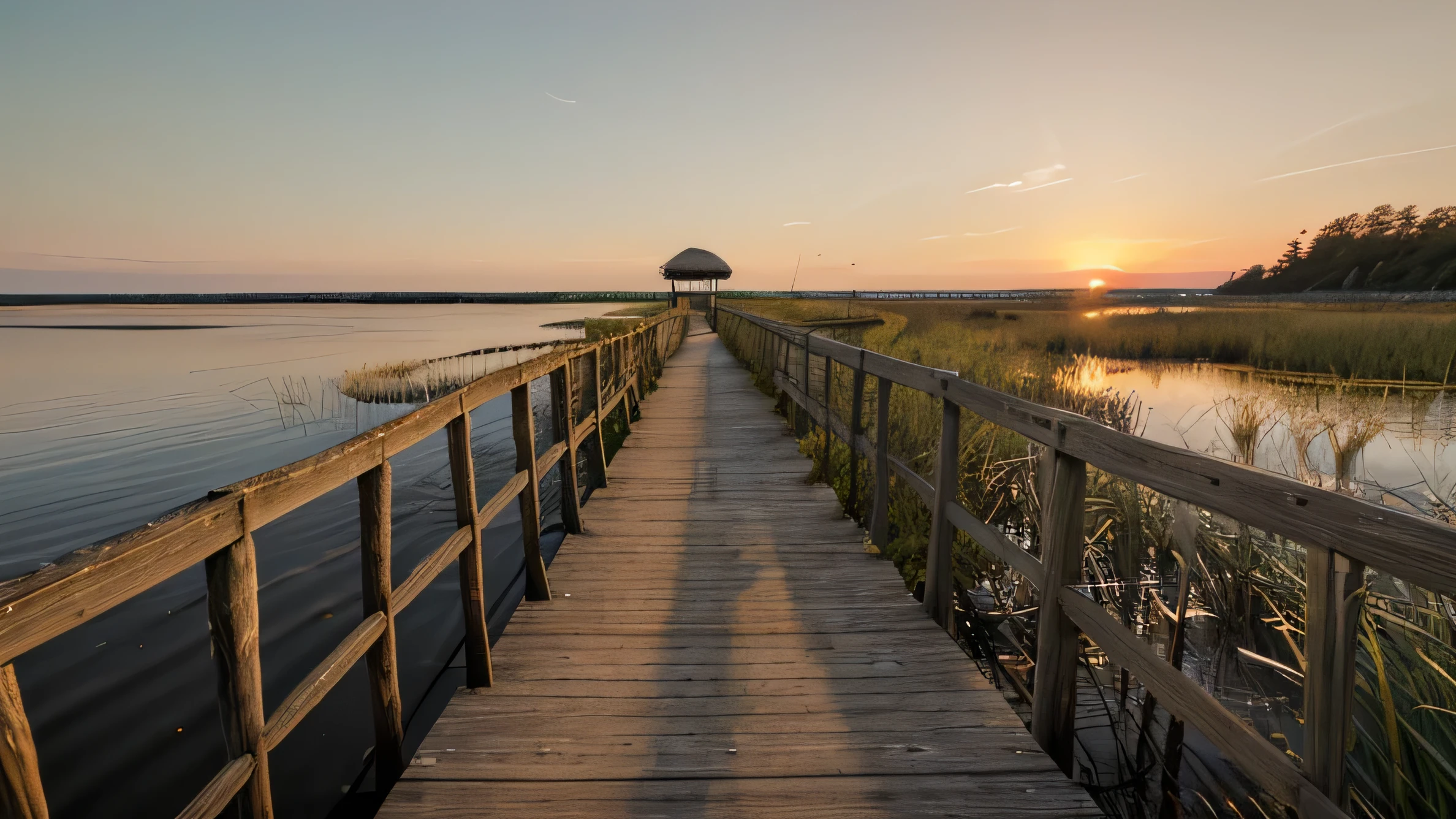 boardwalk thru marshgrass, no handrails, earth colors, sunset