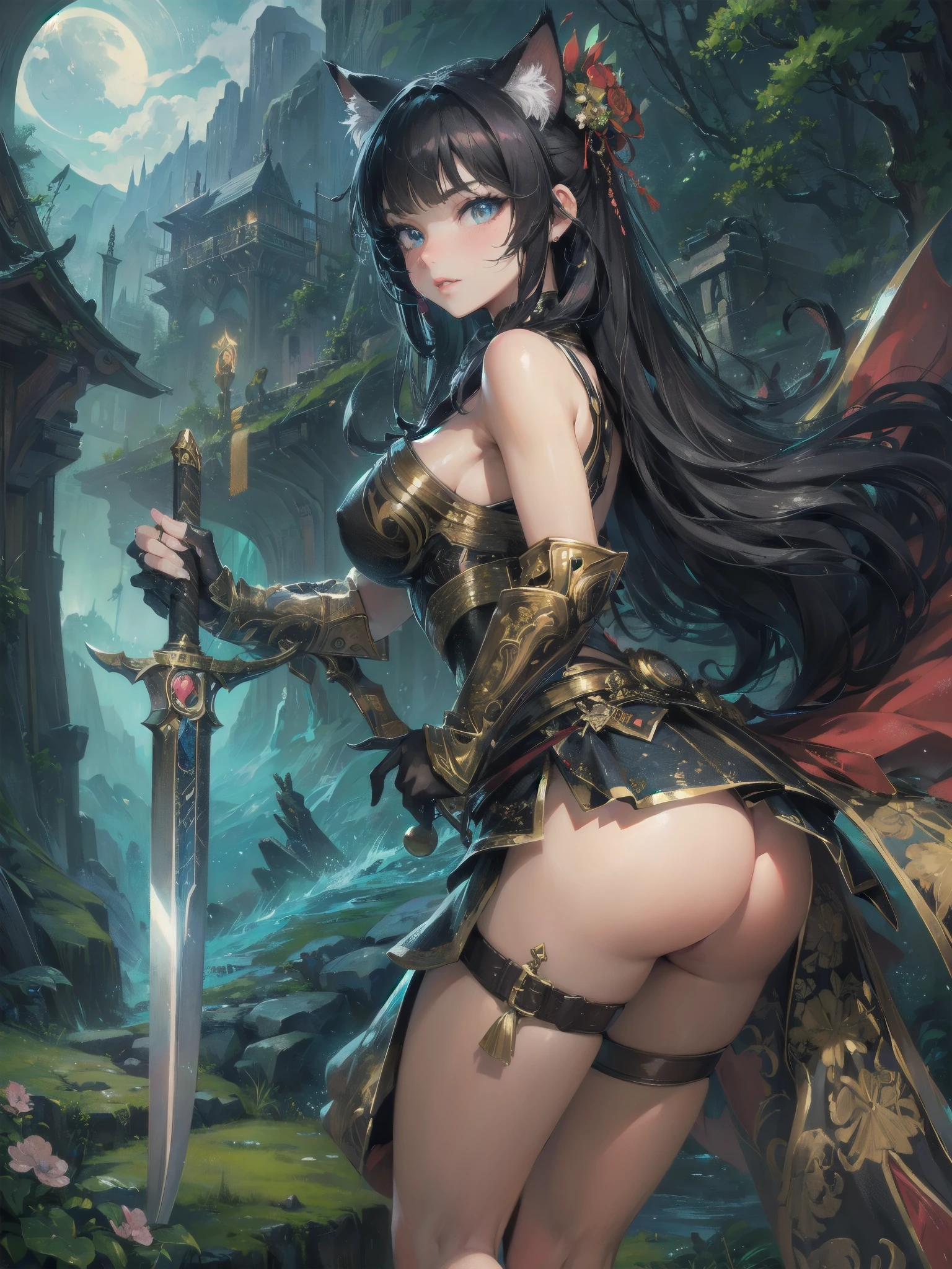 high quality,hd,16k,sharp line,1girl,cat ears,cat tail ,cute face, large breasts ,nice legs,,focus girl,detailed beautiful face,detailed clothes,beautiful eyes,sexy,dynamic angle