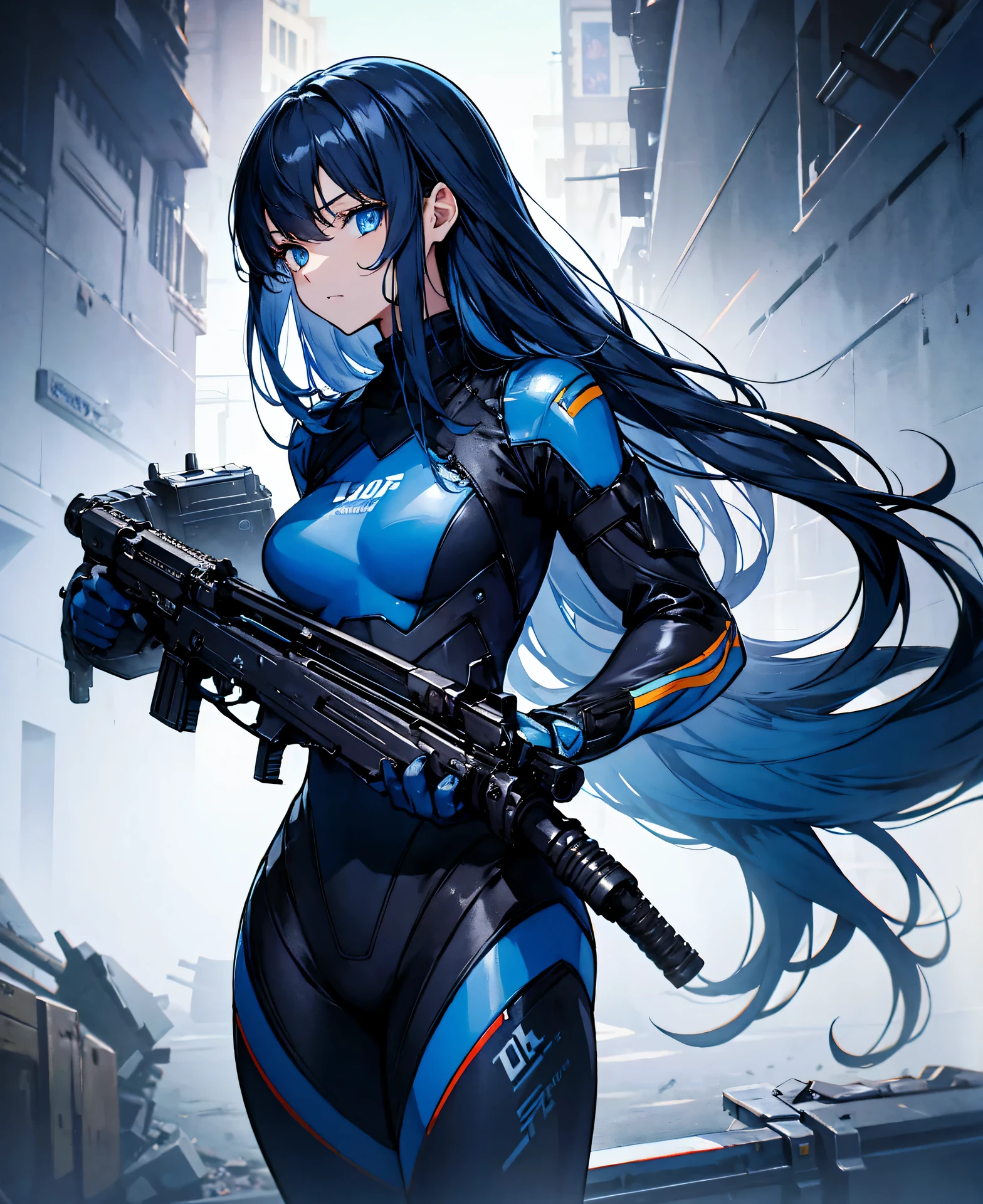 no background,girl,carry a firearm,Enamel style tight suit,use of firearms,dark blue long hair,attention arousal,blue colored eyes,no gradation