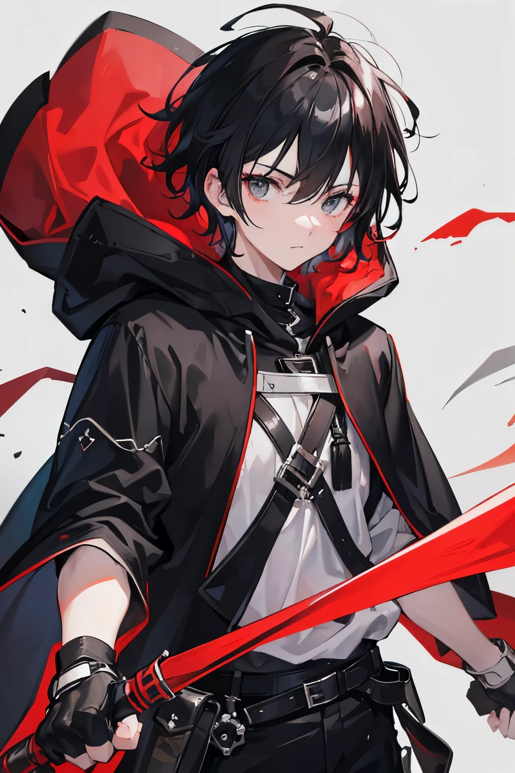 An 18 year old man with messy black hair with red tips, light gray eyes, a black cloak with a hood, a white t-shirt and fingerless gloves, bands on his arm, medieval RPG,
