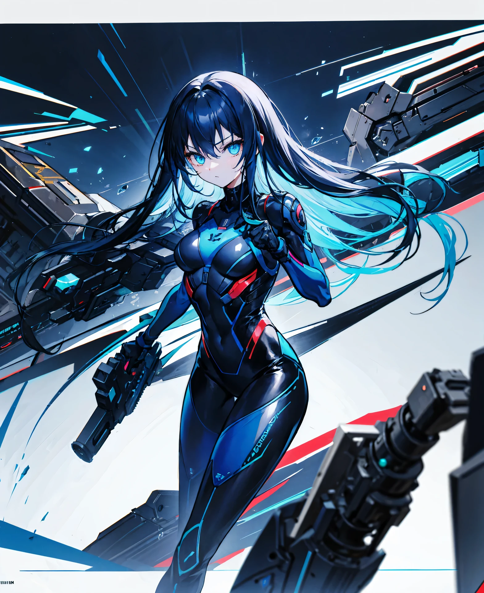 no background,girl,carry a firearm,Enamel style tight suit,use of firearms,dark blue long hair,attention arousal,blue colored eyes,no gradation