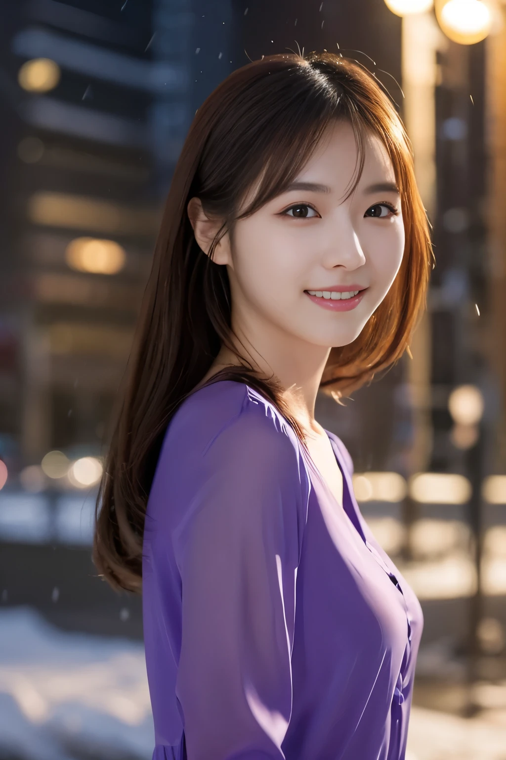 1girl in, (Wearing a purple blouse:1.2), (Raw photo, Best Quality), (Realistic, Photorealsitic:1.4), masterpiece, Extremely delicate and beautiful, Extremely detailed, 2k wallpaper, amazing, finely detail, the Extremely Detailed CG Unity 8K Wallpapers, Ultra-detailed, hight resolution, Soft light, Beautiful detailed girl, extremely detailed eye and face, beautiful detailed nose, Beautiful detailed eyes, Cinematic lighting, city light at night, Perfect Anatomy, Slender body, Smiling,
