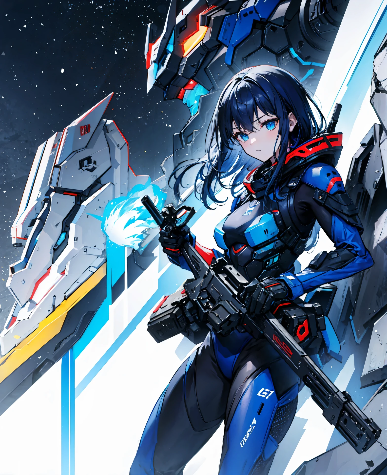 no background，girl，carry a firearm，Enamel style tight suit，use of firearms，dark blue long hair，attention arousal，blue colored eyes,no gradation