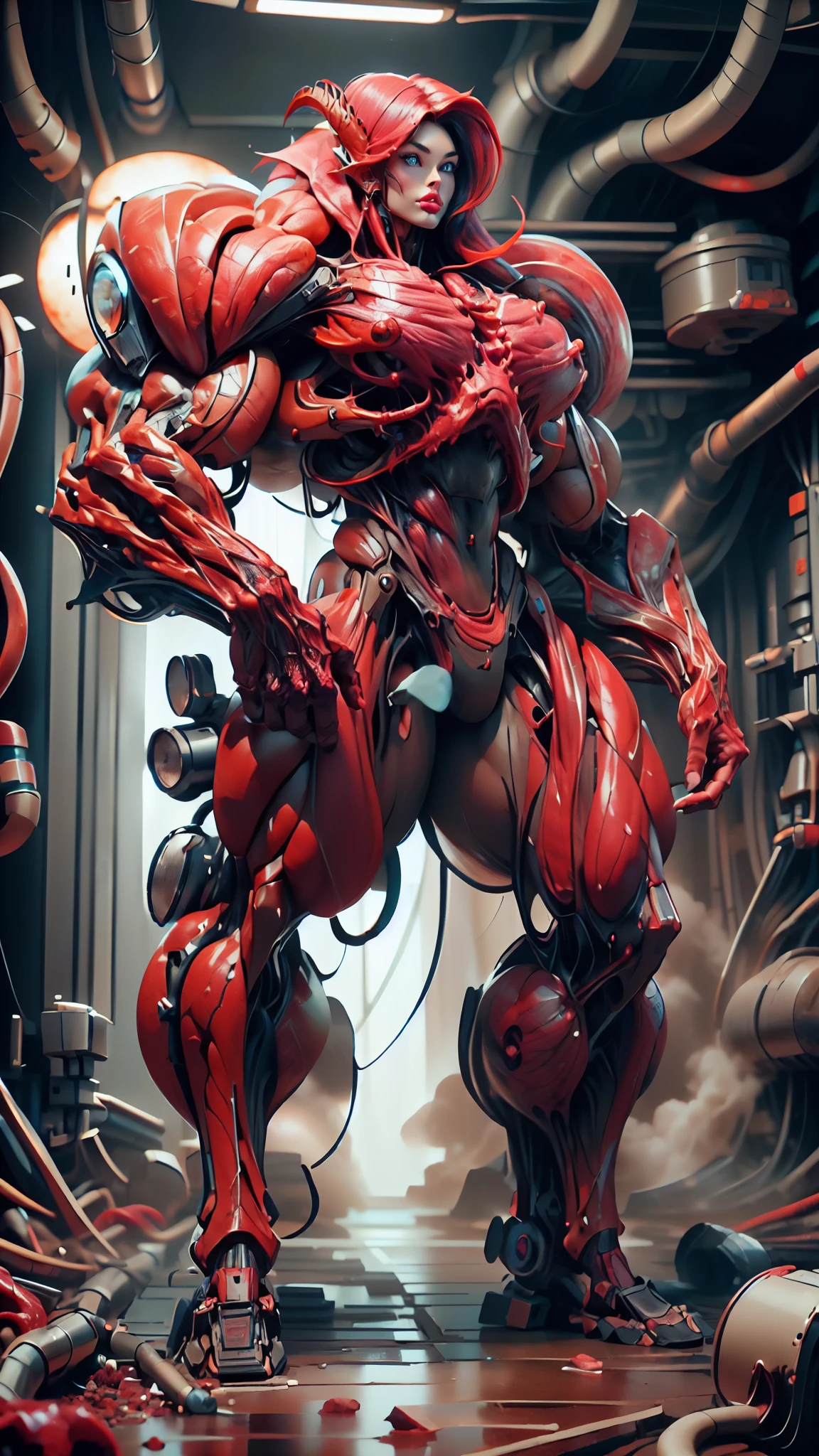 Cinematic, clear facial features and insanely detailed, the image captures the essence of (1 girl), (megan fox:1.25), (long red hair), (carnage skinless physique:1.25), (1 super muscular undead skinless succubus with gigantic horns:1.25), (covered in red necrotic rotting skinless muscle:1.25), (exposed muscles & veins everywhere:1.25), (perfect fingers:1.25) (full body pose:1.25). The color grading is beautifully done, enhancing the overall cinematic feel. Unreal Engine makes her appearance even more mesmerizing. With depth of field (DOF), every detail is focused and accentuated, drawing attention to her eyes and hair. Peak image resolution utilizing super-resolution technology ensures pixel perfection. Cinematic lighting enhances her aura, while anti-aliasing techniques like FXAA and TXAA keep the edges smooth and clean. Adding realism to the muscular bio-mecha succubus , RTX technology enables ray tracing. Additionally, SSAO (Screen Space Ambient Occlusion) gives depth and realism to the scene, the girl's presence even more convincing. In the post-processing and post-production stages, tone mapping enhances the colors, creating a captivating visual experience. The integration of CGI (Computer-Generated Imagery) and VFX (Visual Effects brings out her demonic features seamlessly . Incredible level of detail, with intricate elements meticulously crafted, the artwork hyper maximalist and hyper-realistic. Volumetric effects add depth and dimension, with unparalleled photorealism. 8k resolution rendering ensures super detailed visuals. The volumetric lighting adds a touch of magic, highlighting her beauty and aura in an otherworldly way. High Dynamic Range (HDR) tech makes the colors pop, adding richness to the overall composition. Ultimately, this artwork presents an unreal, yet stunningly real portrayal of an incredibly beautiful bio-mecha succubus girl. The sharp focus ensures that every feature is crisply defined, creating a captivating presence. (girl face:1.45)
