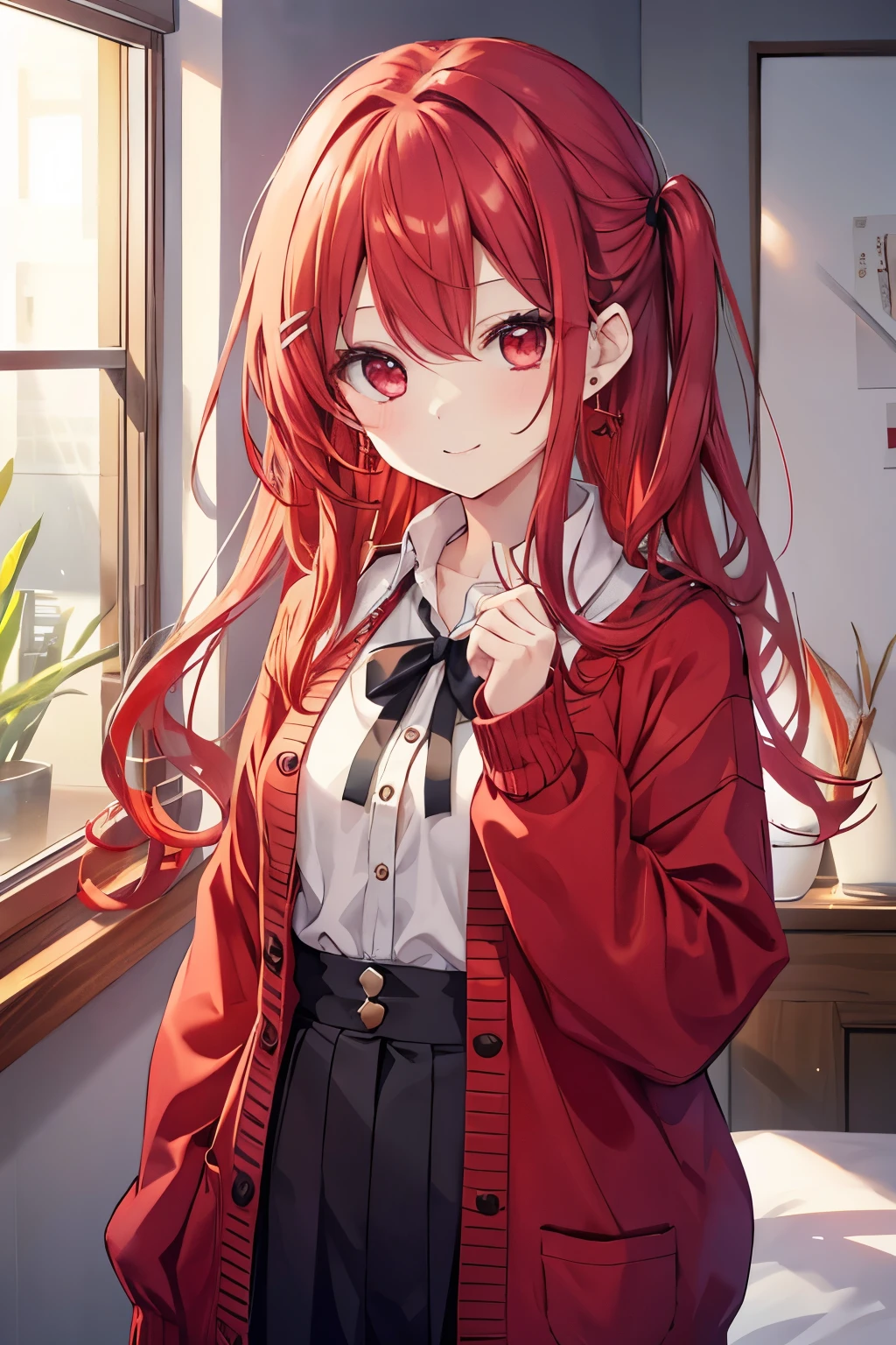 red hair red eyes、 girl、small breasts、long hair、smile、gal girl、wearing cute earrings、uniform、knit cardigan、Add highlights around the eyes、cute hairpin、I can see the whole body、A childhood friend who came to wake me up in the morning