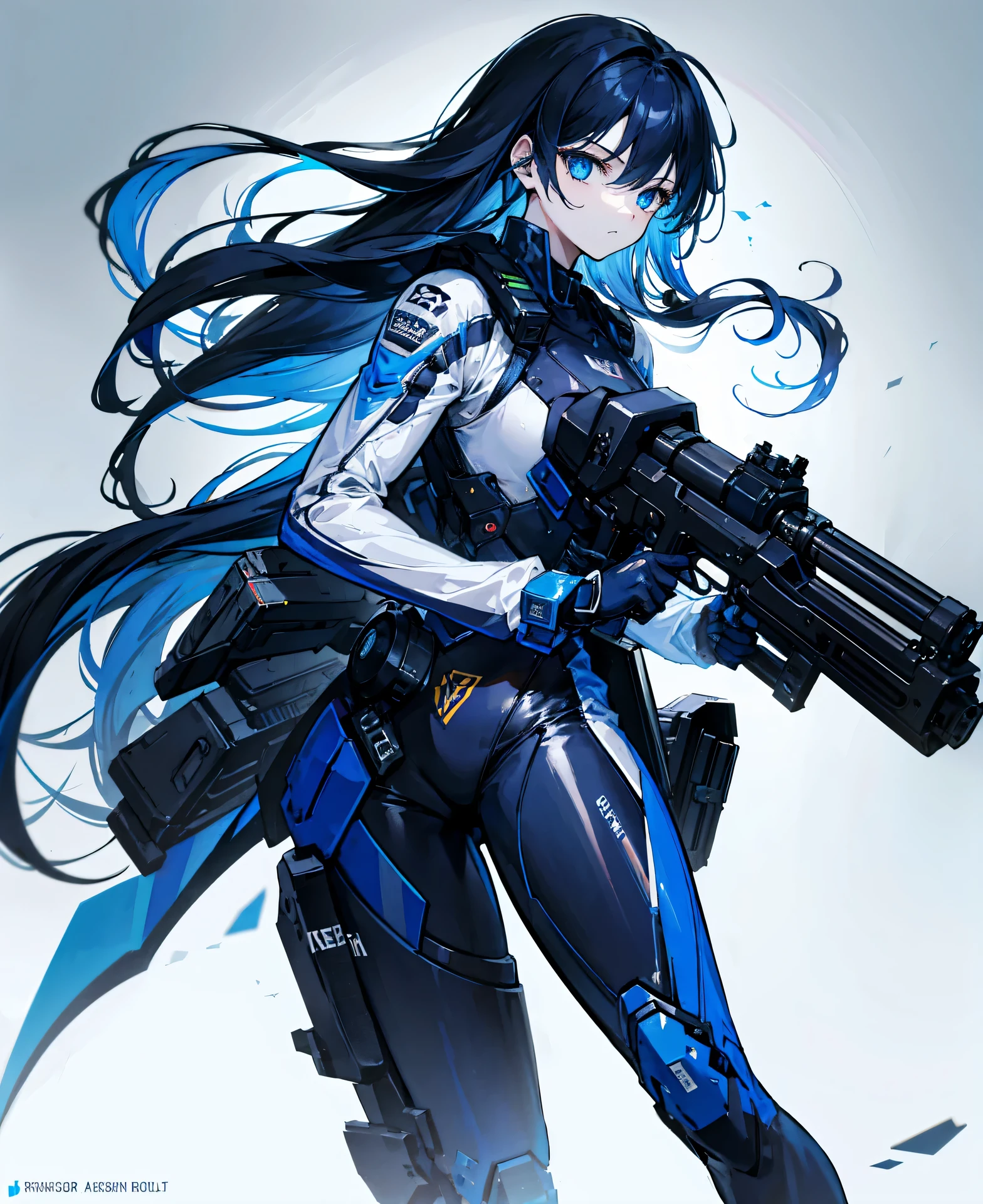 no background，girl，carry a firearm，Enamel style tight suit，use of firearms，dark blue long hair，attention arousal，blue colored eyes,no gradation