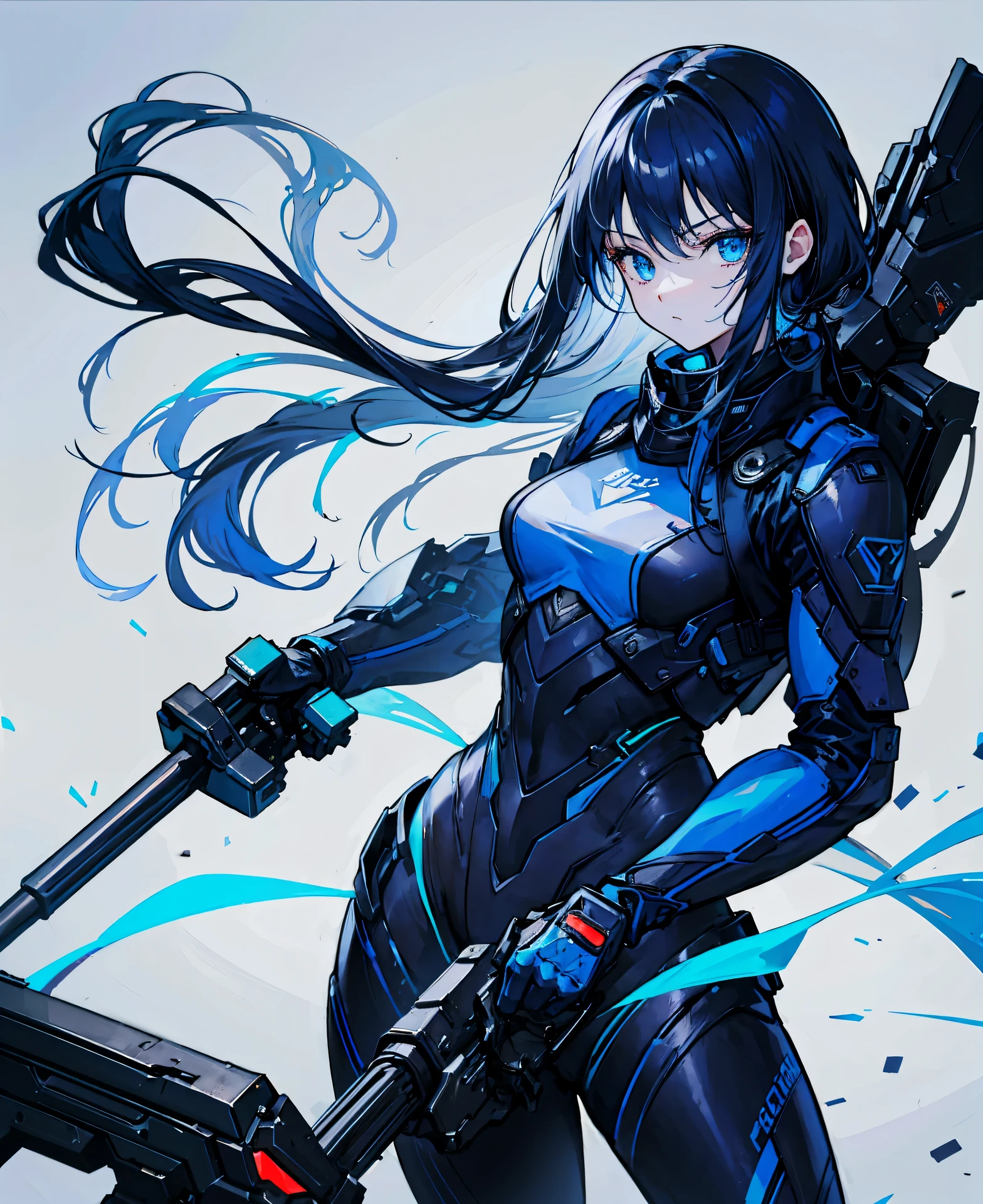 no background,girl,carry a firearm,Enamel style tight suit,use of firearms,dark blue long hair,attention arousal,blue colored eyes,no gradation