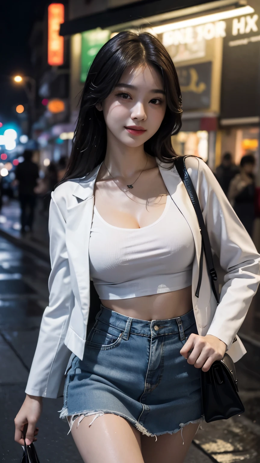 (8k, best quality, masterpiece:1,2), (realistic, photo-realistic:1,37), top quality, masterpiece, a beautiful woman, wearing a shirt for women crop v neck top white t-shirt korean fashion women t with a tight open gray color jacket, beautiful and toned body, cleavage, floral mini skirt, walking in the suburbs, slightly drizzling night background, in shops with Korean-style shop lights, night atmosphere, slightly wet asphalt, seductive smiles with dimples,