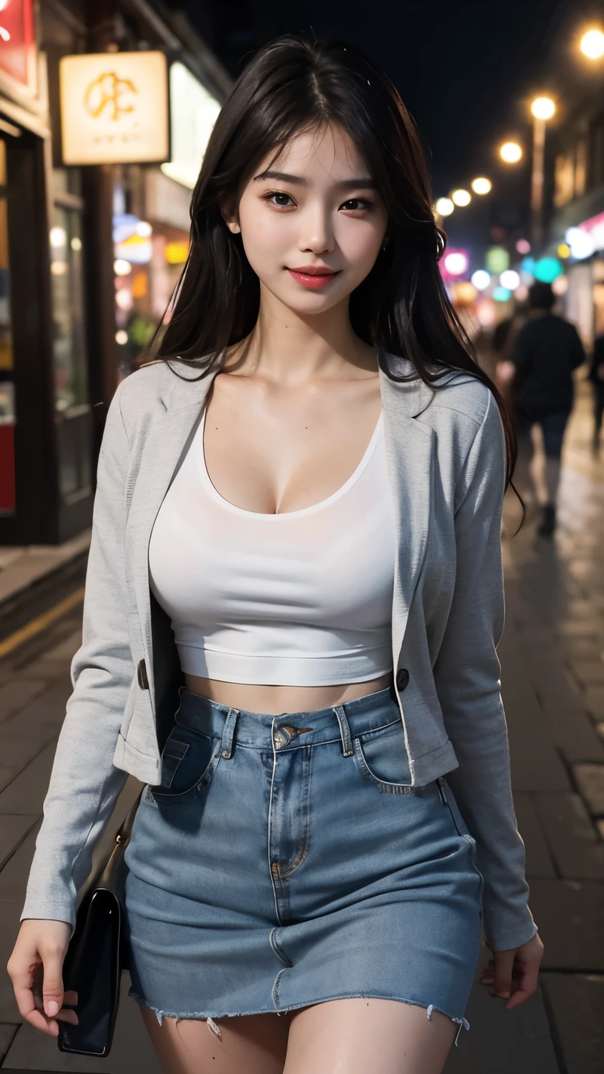 (8k, best quality, masterpiece:1,2), (realistic, photo-realistic:1,37), top quality, masterpiece, a beautiful woman, wear shirt for women crop v neck top white t-shirt korean fashion women's t-shirt with open tight gray color jacket, beautiful and toned body, cleavage, hair tied up, floral mini skirt, walking in the suburbs, dark background night, in shops with Korean-style shop lights, night atmosphere, slightly wet asphalt, seductive smiles with dimples,